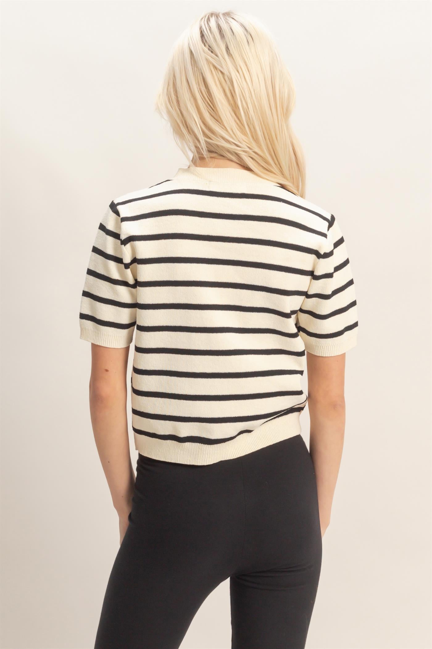 Wholesale Striped Short Sleeve Button Up Cardigan Cardigans DZ26A604 BLACK DOUBLE ZERO