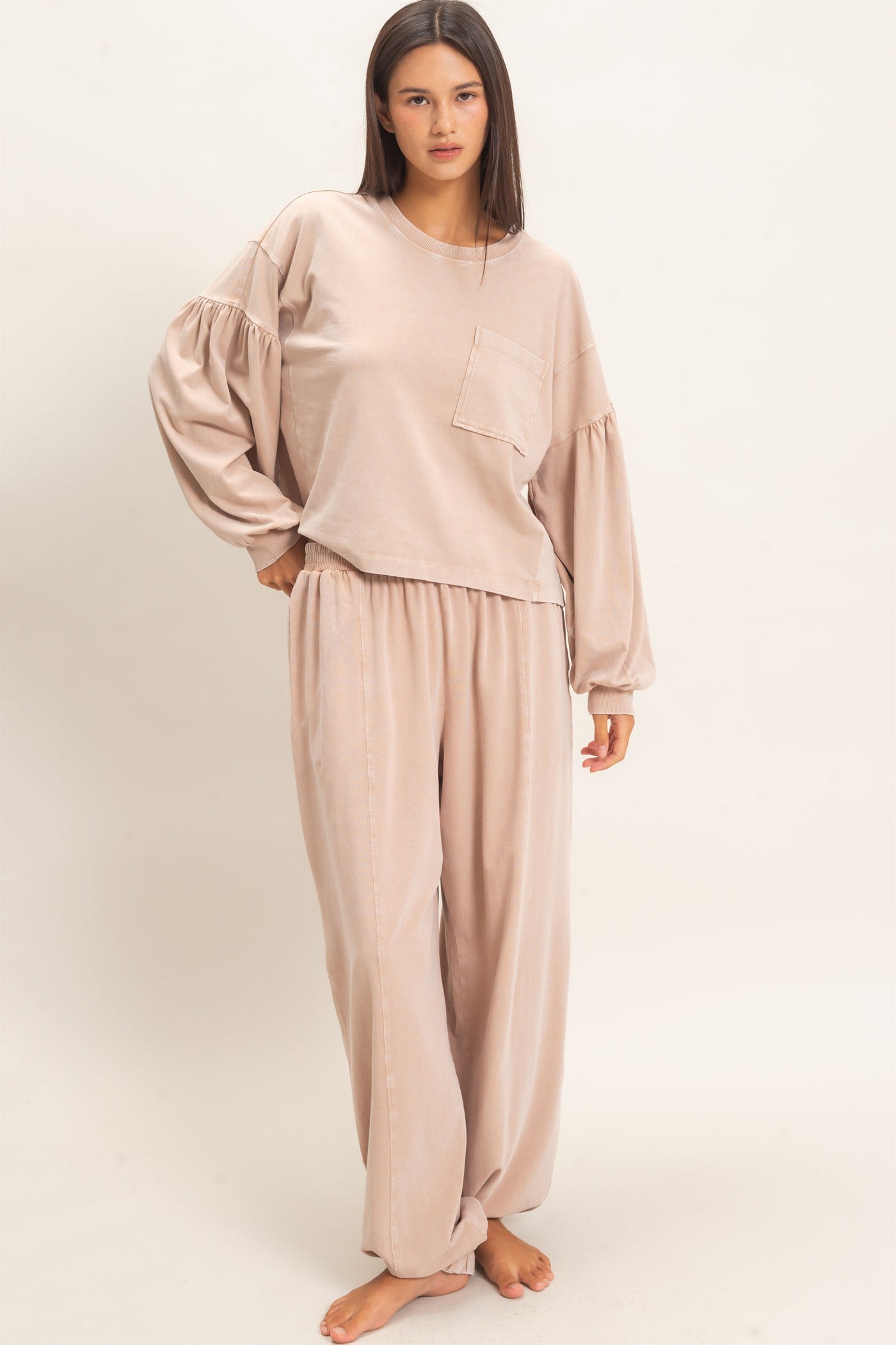 Wholesale Mineral Wash Puff Long Sleeve Boxy Top Clothing Tops DZ26F402 DARK TAUPE DOUBLE ZERO