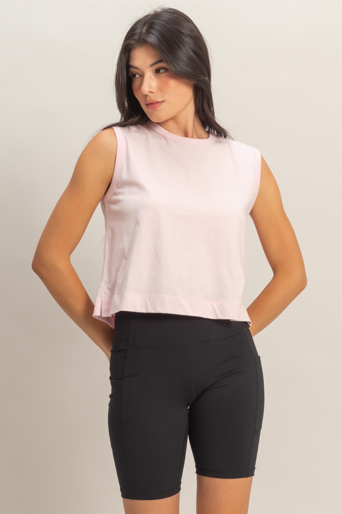 Wholesale Sleeveless Crew Neck Top With Back Pleats Clothing Tops DZ26A999 SOFT PINK DOUBLE ZERO
