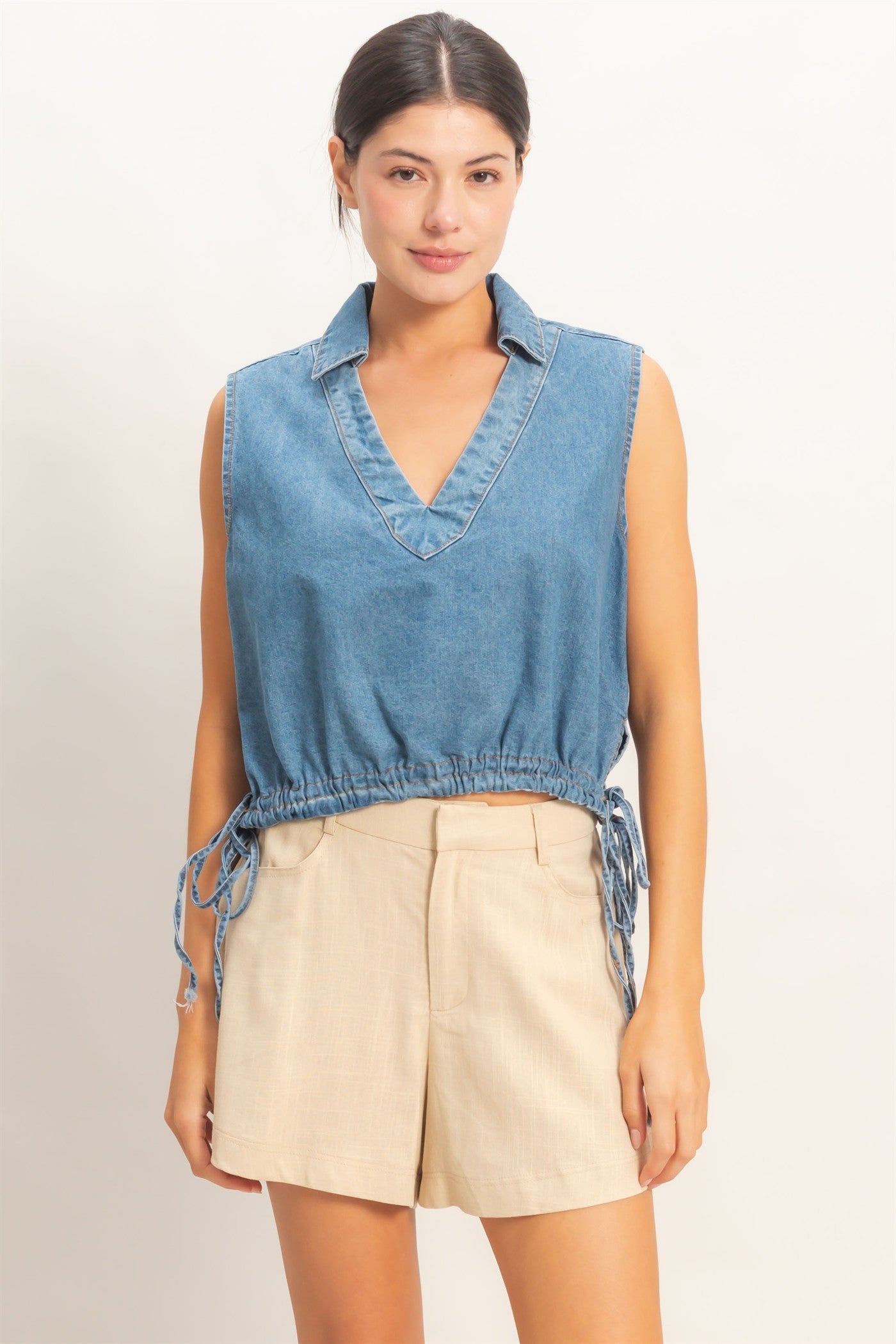 Wholesale Collared V-Neck Drawstring Tank Clothing Tops HF26C220 LIGHT BLUE HYFVE