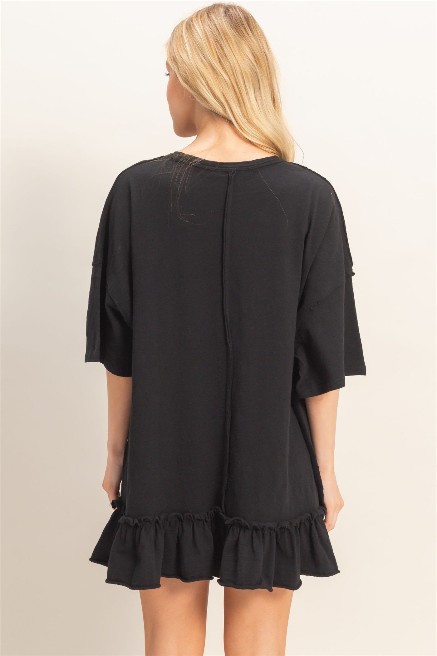 Wholesale Ruffled Hem Oversized Tunic Dresses HF26A785 BLACK HYFVE
