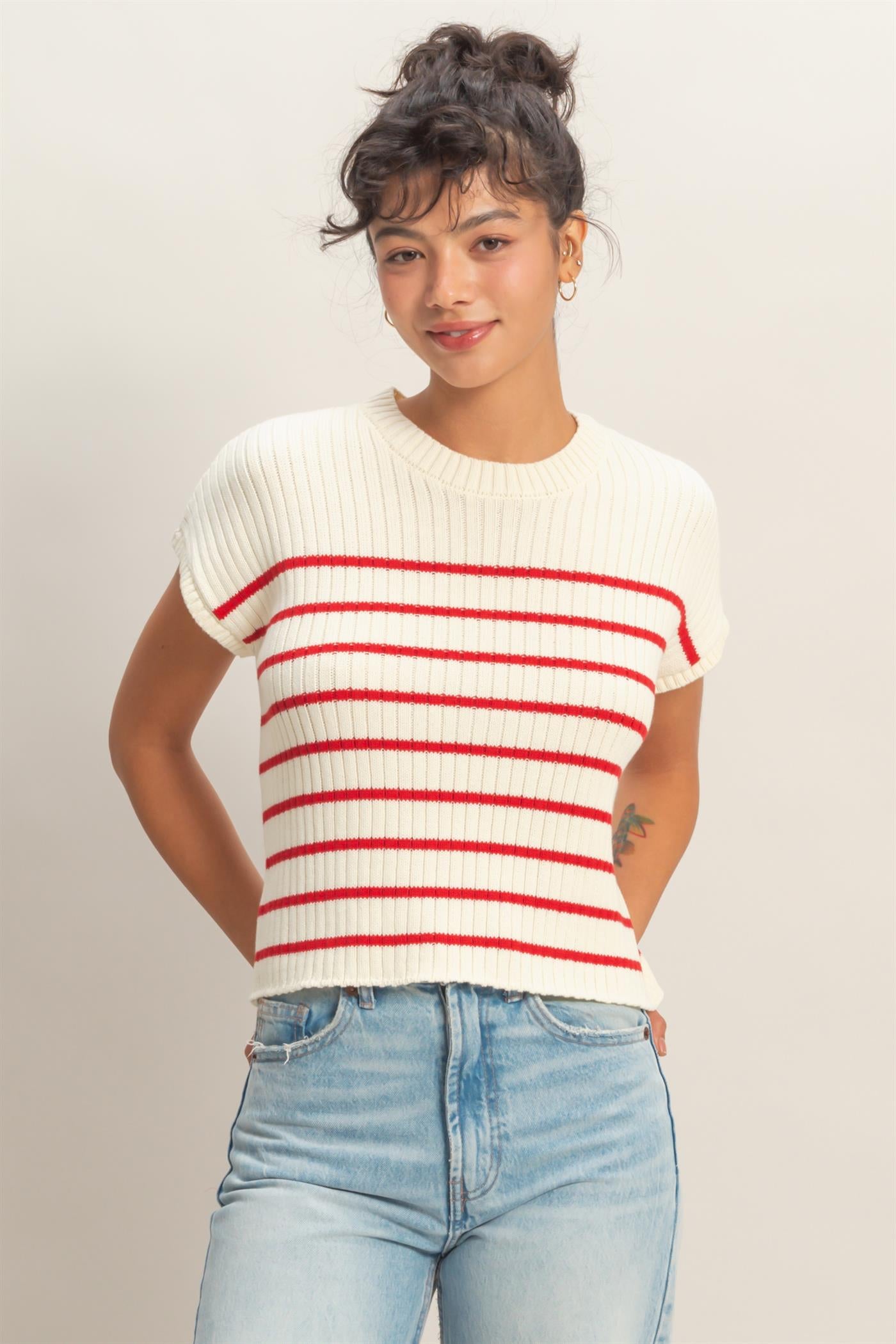 Wholesale Sleeveless Ribbed Striped Knit Top Clothing Tops DZ26A209 RED DOUBLE ZERO