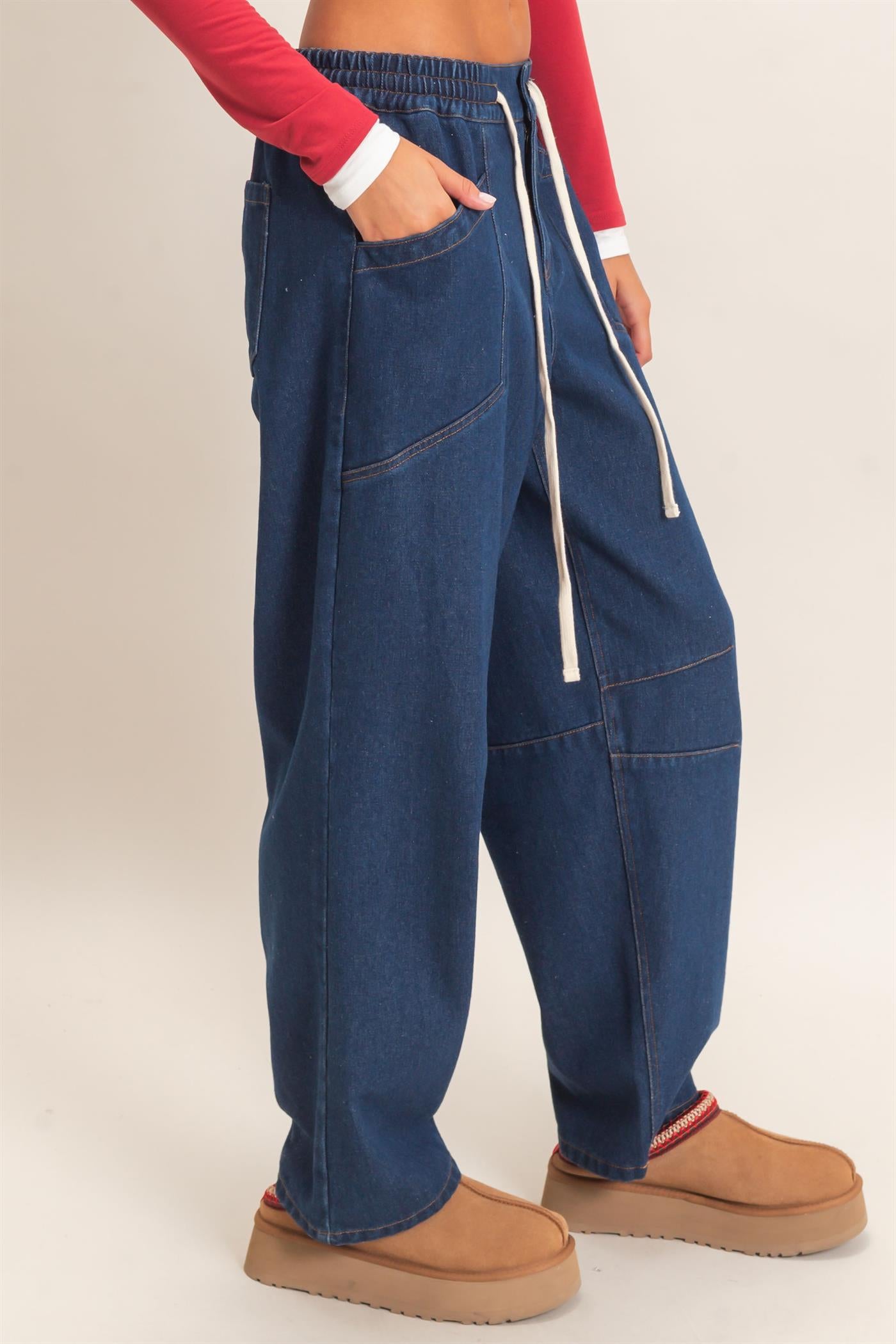 Wholesale Elastic Waist Denim Pants Pants DZ26F306 DARK BLUE DOUBLE ZERO