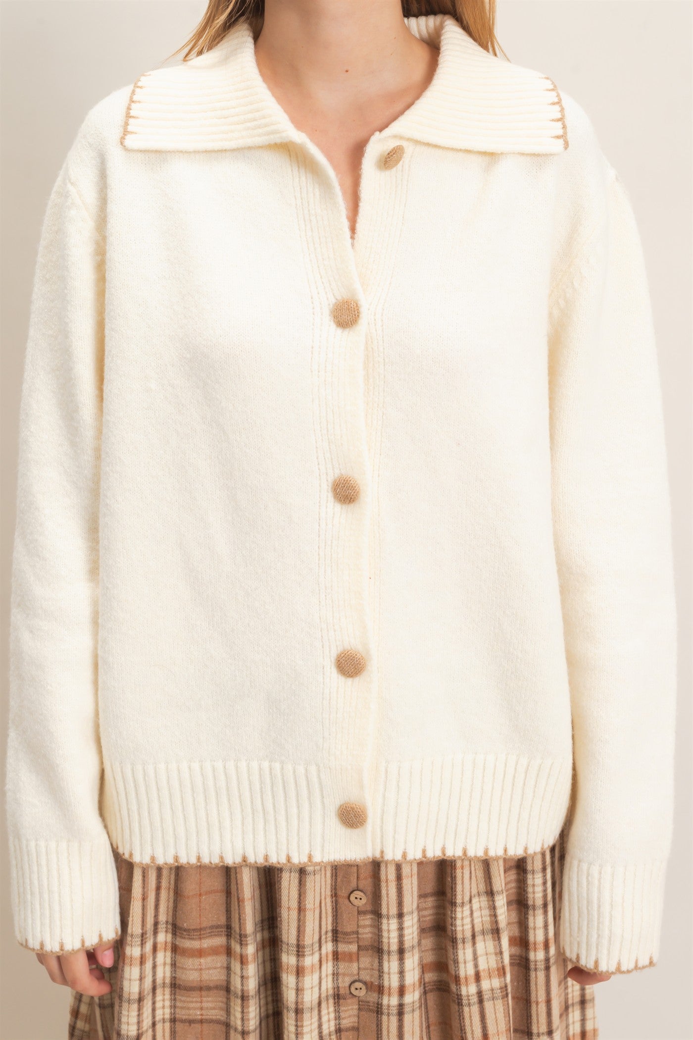 Wholesale Blanket Stitch Collared Cardigan Cardigans HF26F356 IVORY HYFVE