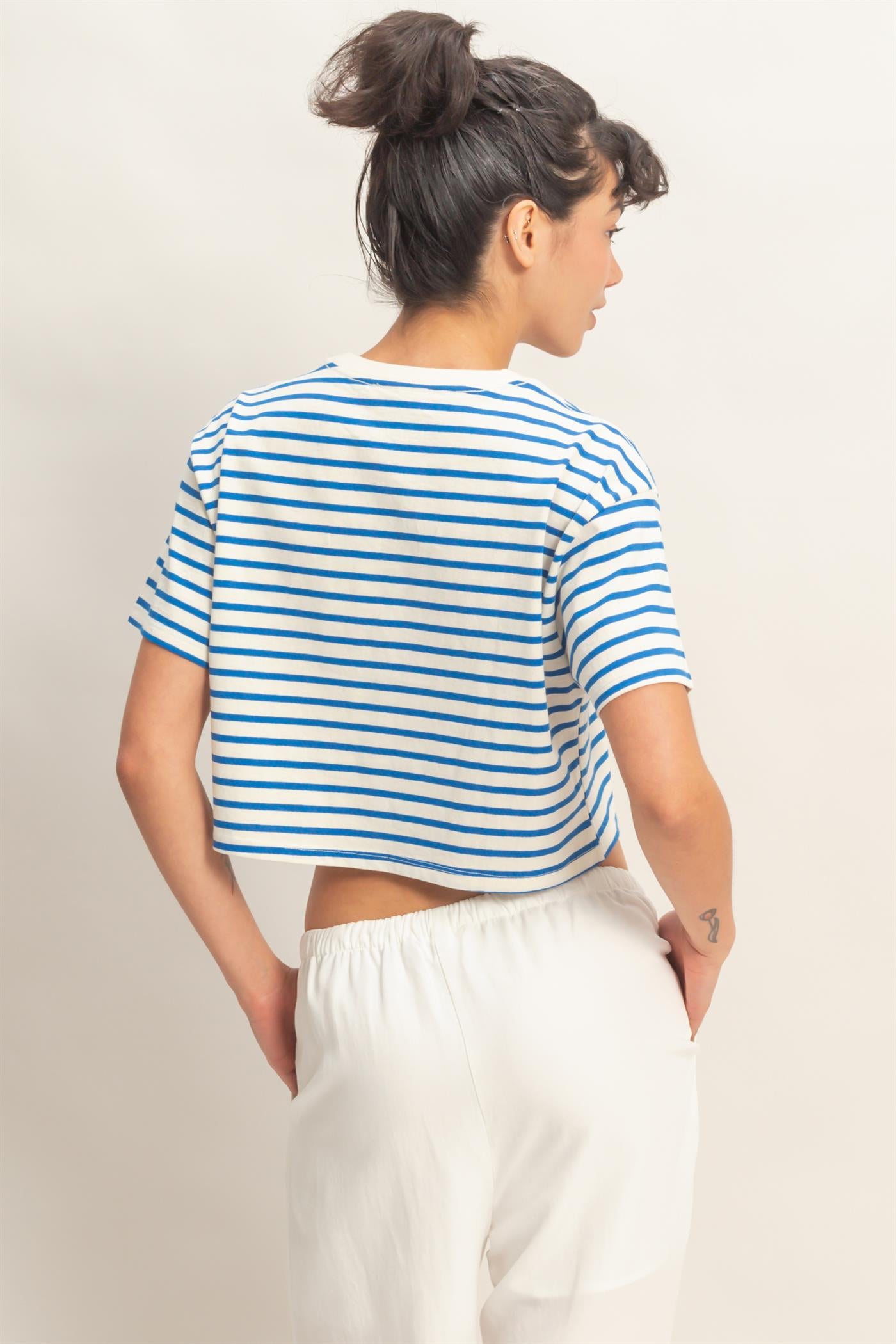 Wholesale Striped Oversized Short Sleeve Cropped Tee Clothing Tops DZ26C023 BLUE DOUBLE ZERO