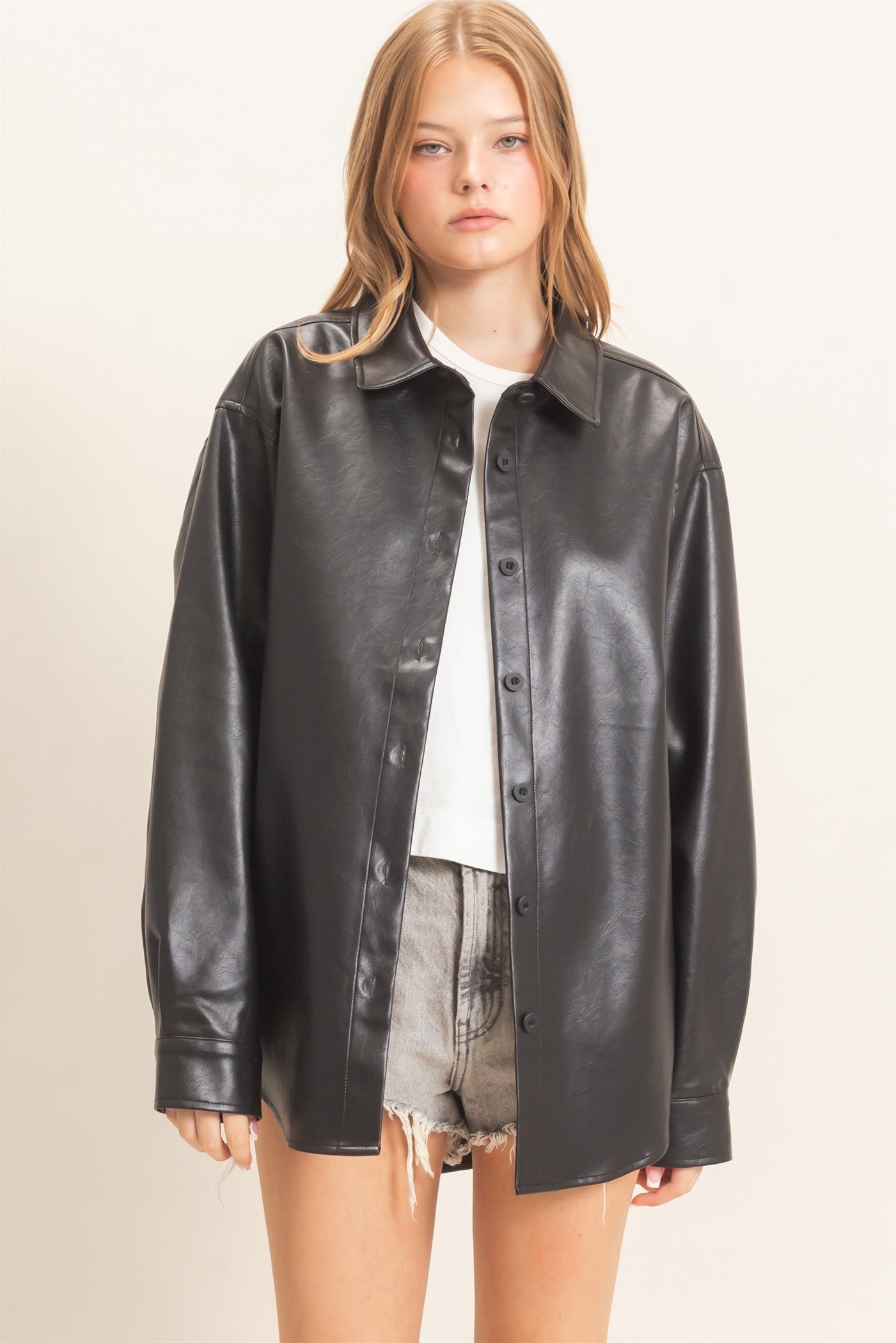 Wholesale Faux Leather Button-Down Shirt Clothing Tops HF26E236 BLACK HYFVE