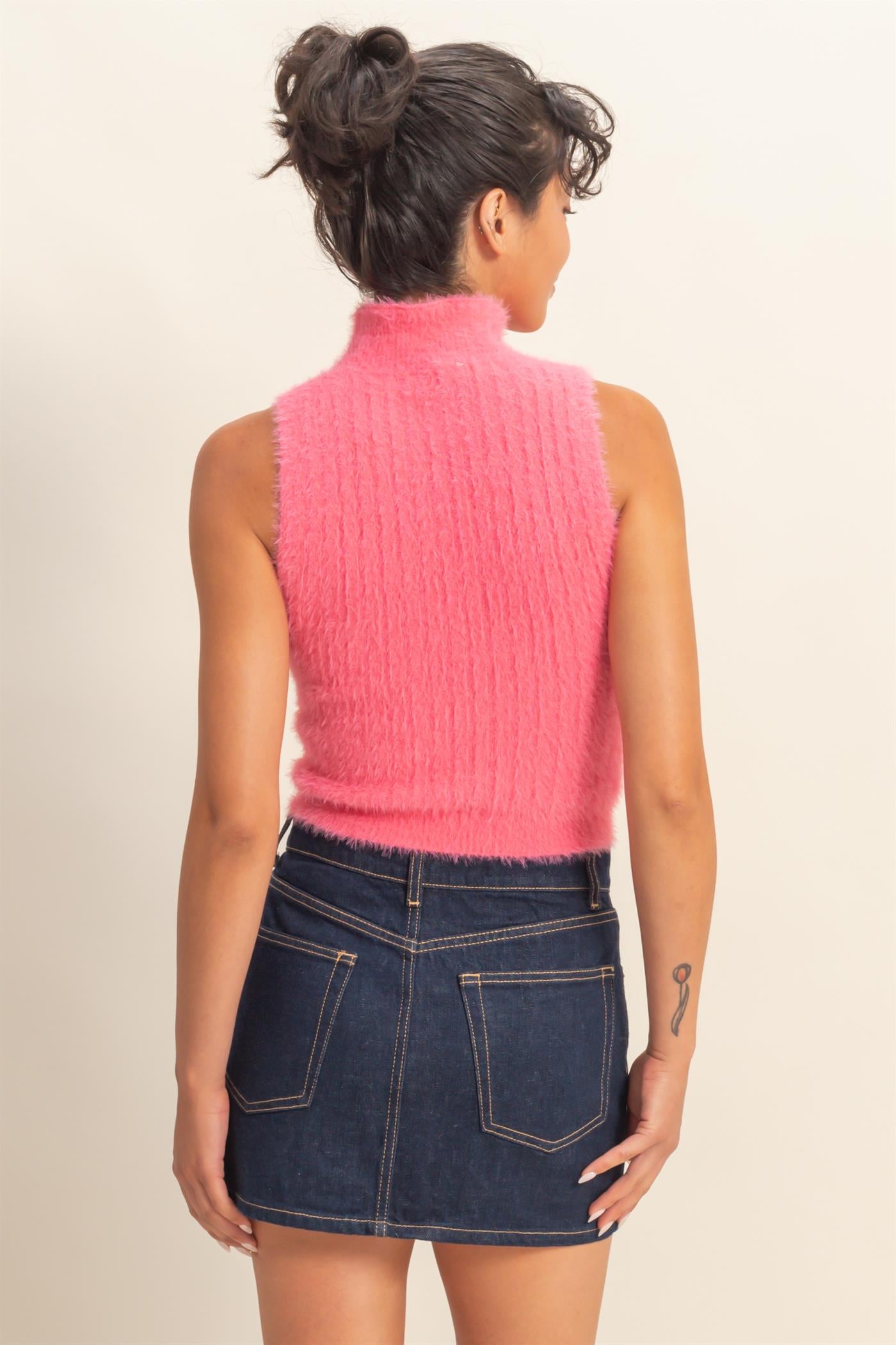 Wholesale Ribbed Sleeveless High Neck Knit Top Clothing Tops DZ25F113 TAFFY PINK HYFVE