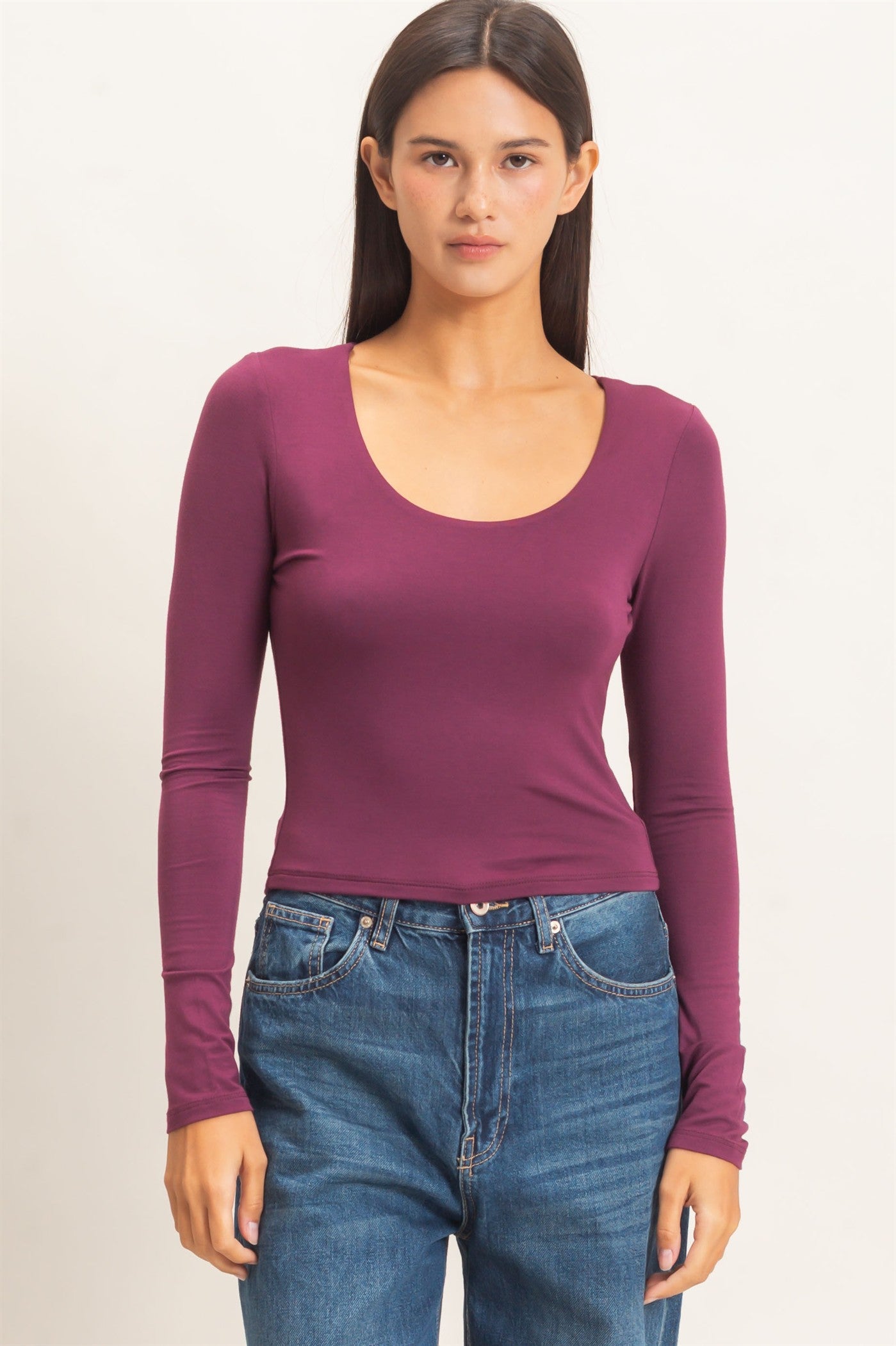Wholesale Scoop Neck Long Sleeve Top Clothing Tops DZ26E250 DARK CHERRY DOUBLE ZERO