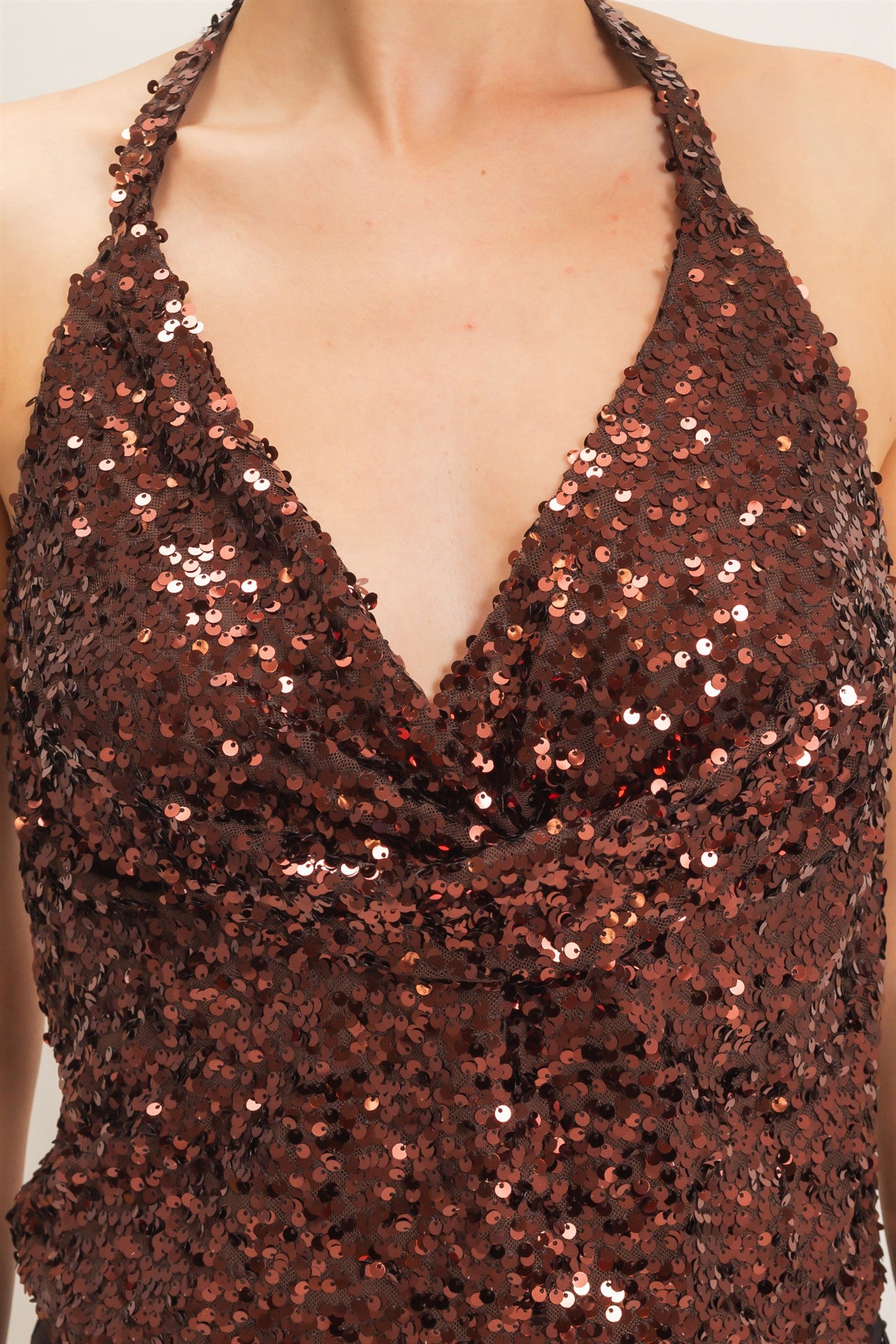 Wholesale Sequin Halter Cowl Neck Top Clothing Tops HF26C871 BROWN HYFVE