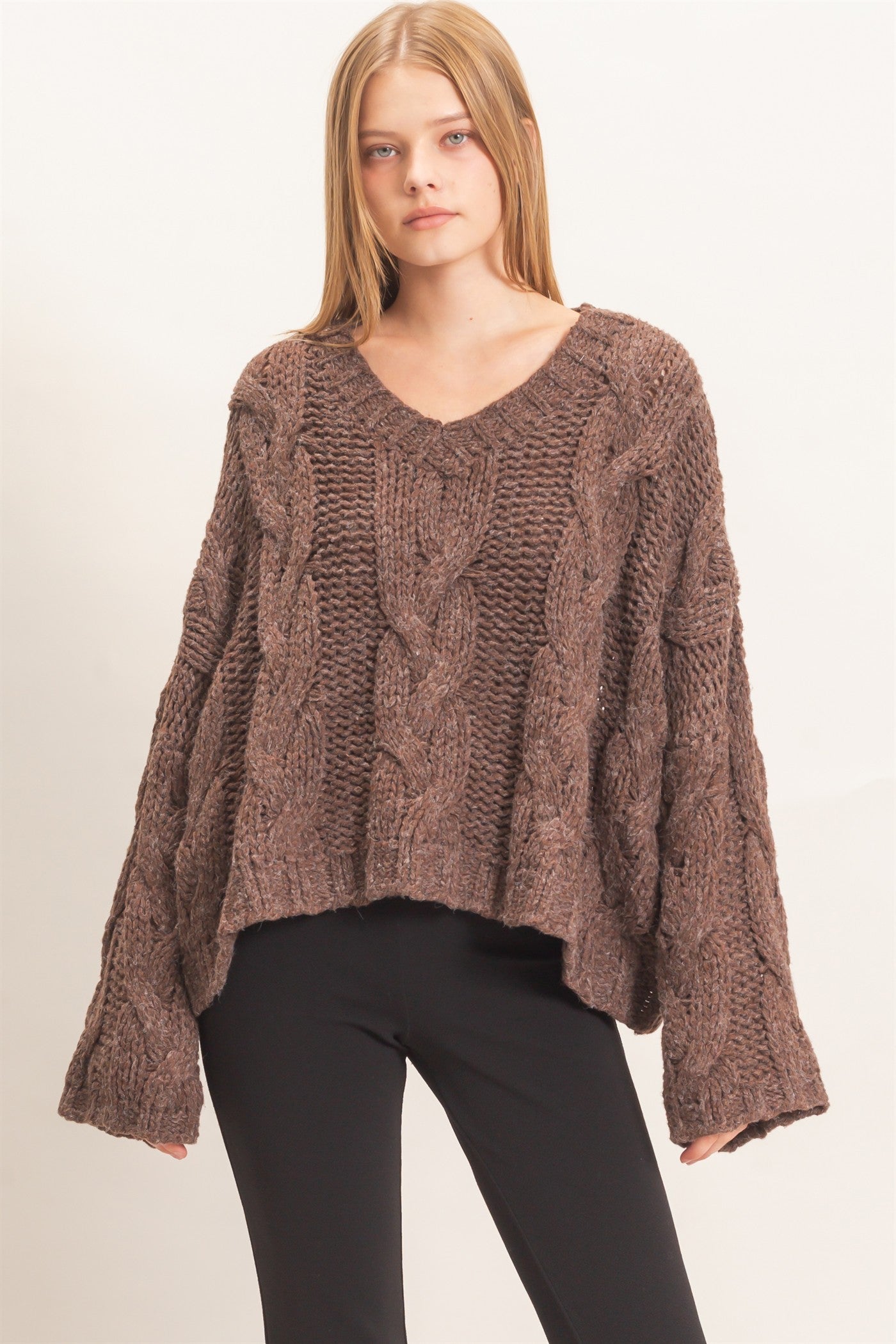 Wholesale Cable Knit V-Neck Sweater Sweaters HF26F175-D BROWN HYFVE