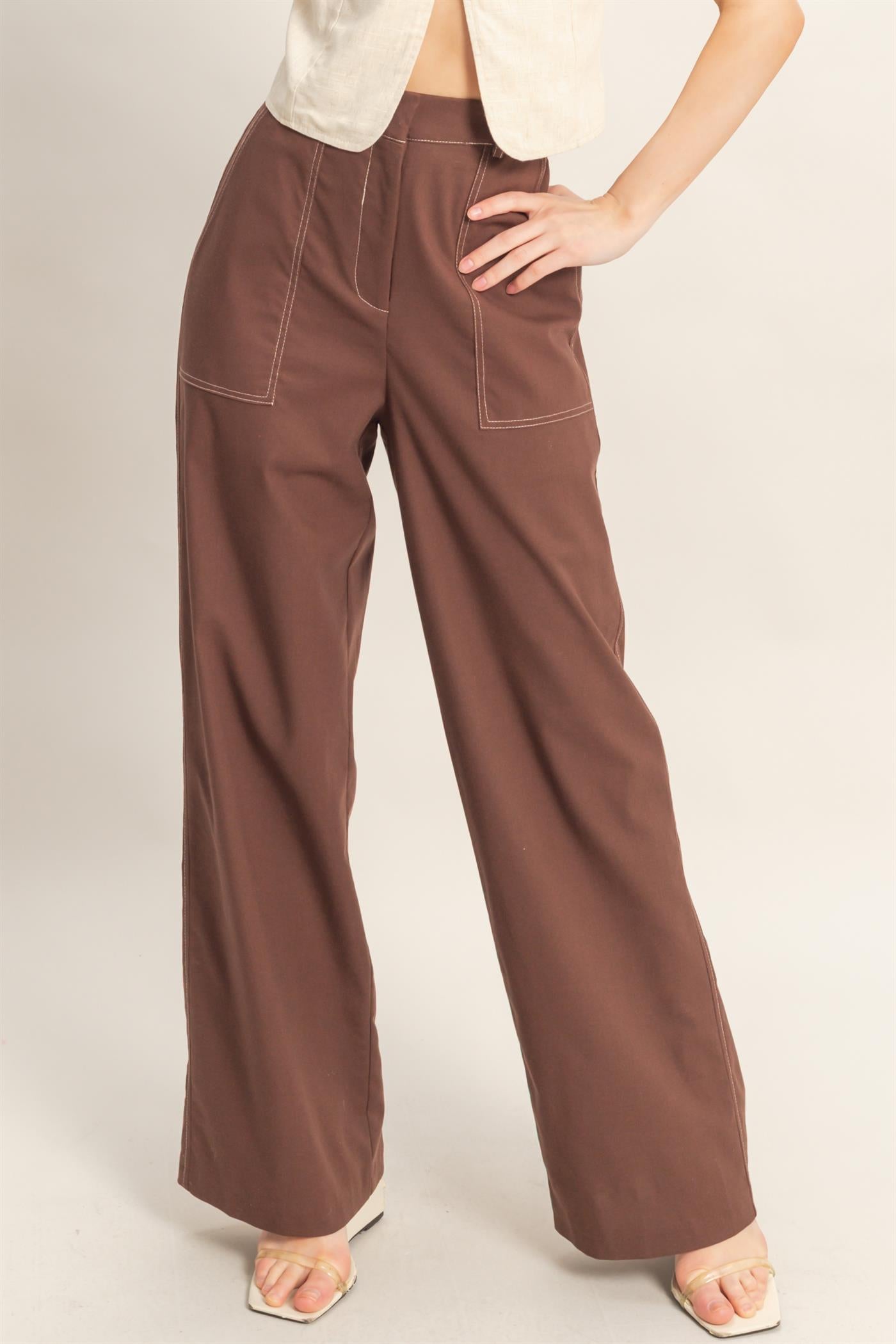 Wholesale Wide-Leg Pants With Pockets Pants HF26C402 DARK CHOCOLATE HYFVE
