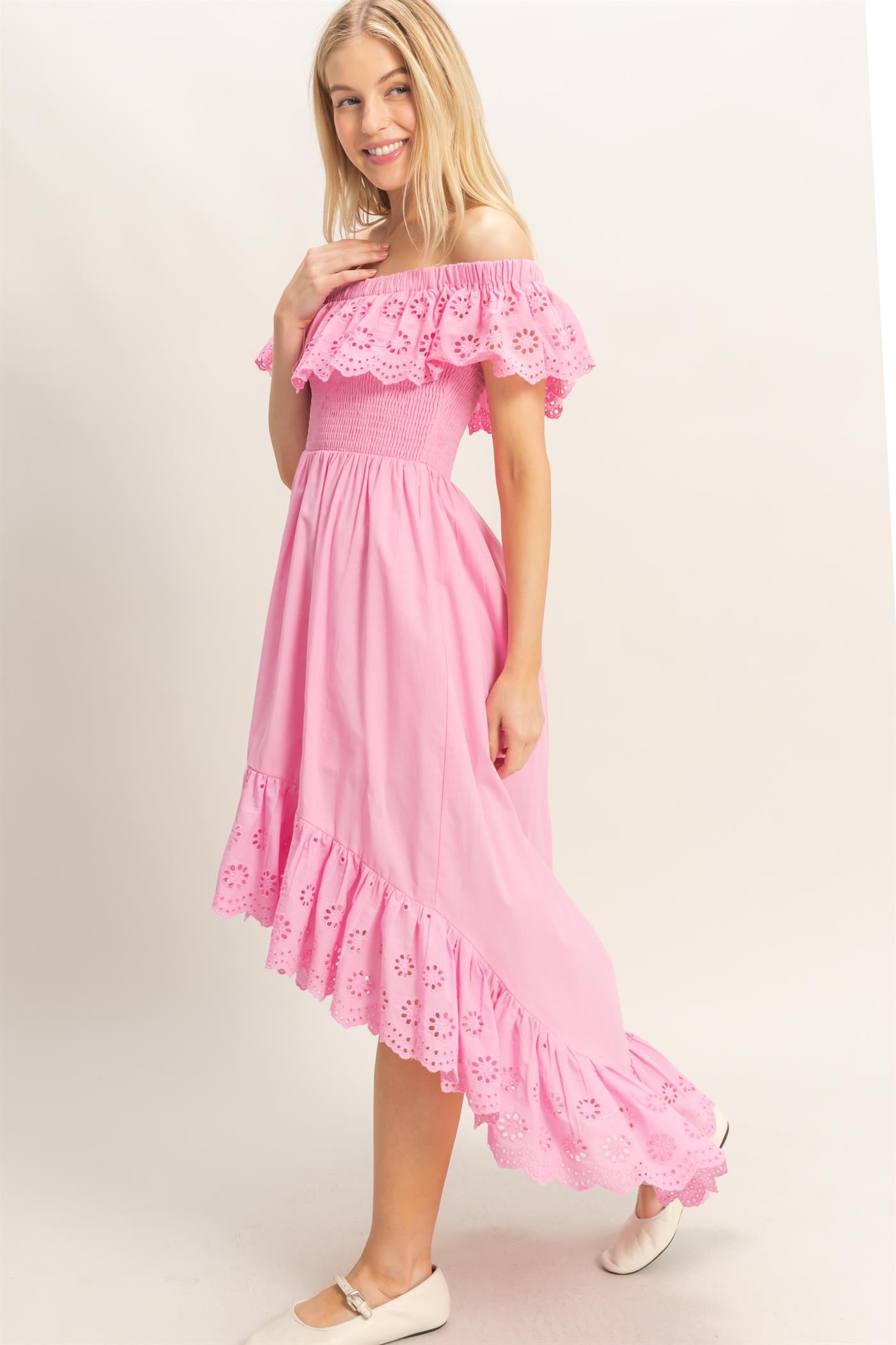 Wholesale Off Shoulder Smocked Dress Dresses HF26C305 PINK HYFVE