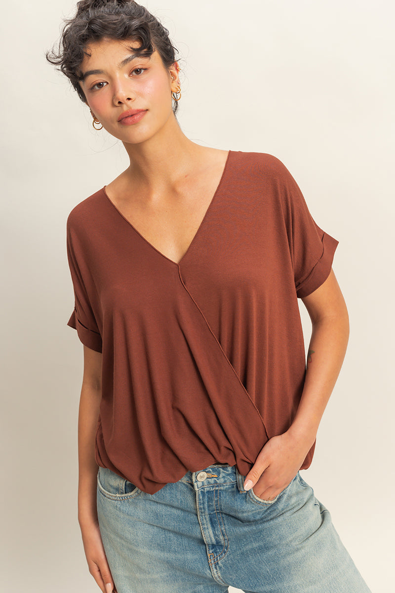 Wholesale V-Neck Oversized Top Clothing Tops DZ22A998 CHOCOLATE DOUBLE ZERO