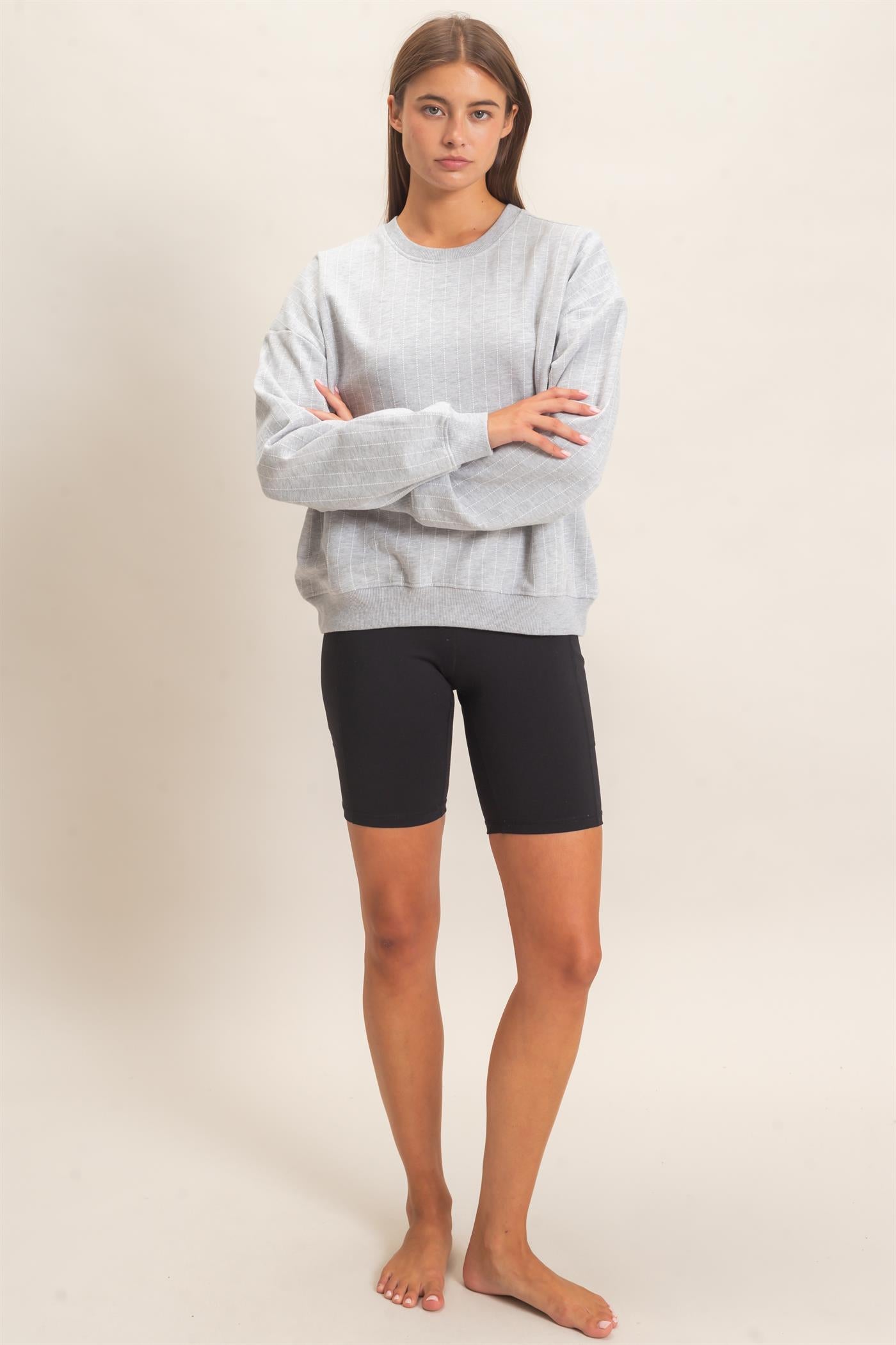 Wholesale Pinstripe Crew Neck Sweatshirt Sweatshirts DZ26E627 HEATHER GRAY DOUBLE ZERO