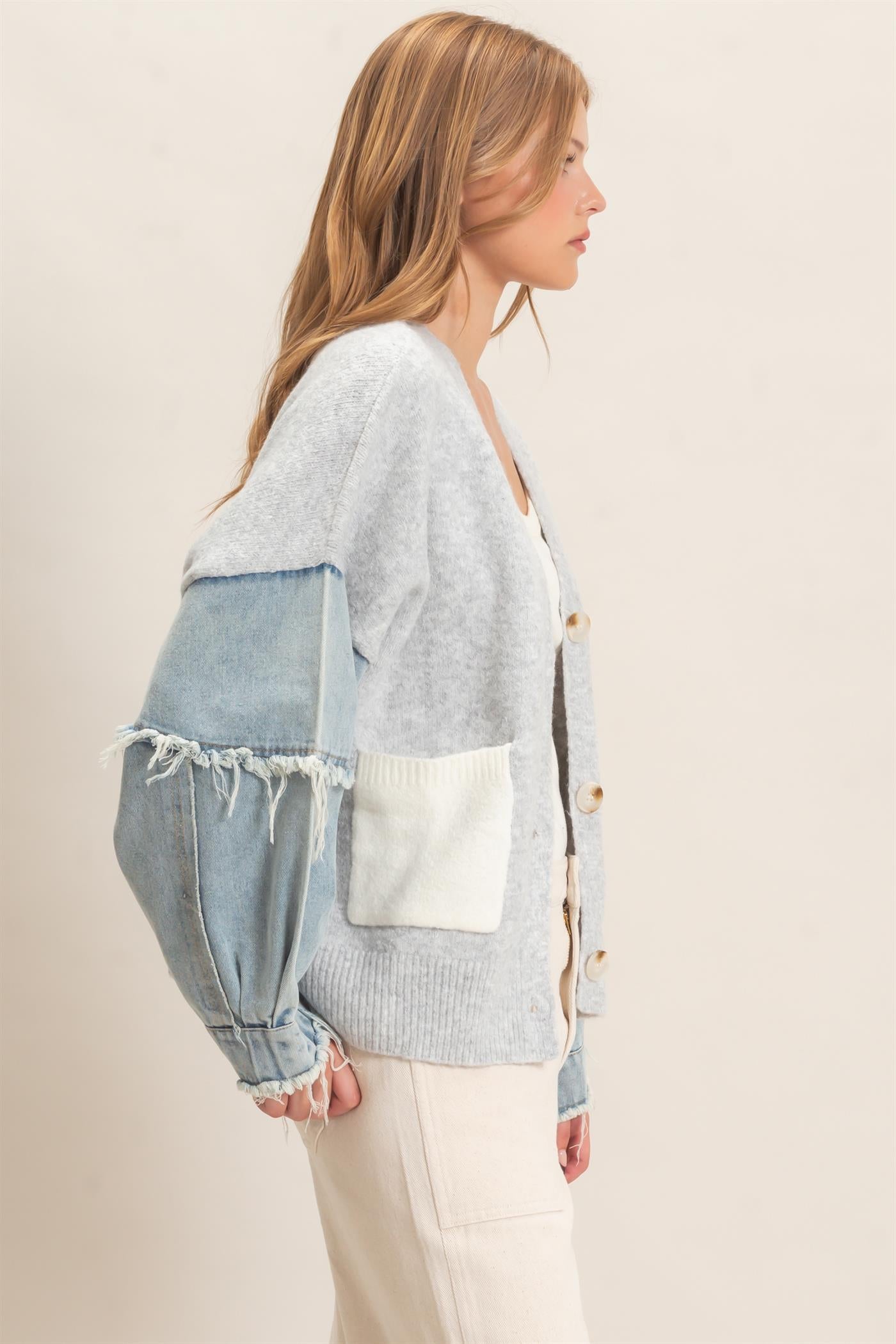 Wholesale V-Neck Cardigan With Distressed Denim Sleeves Cardigans HF26E838 LIGHT GRAY HYFVE