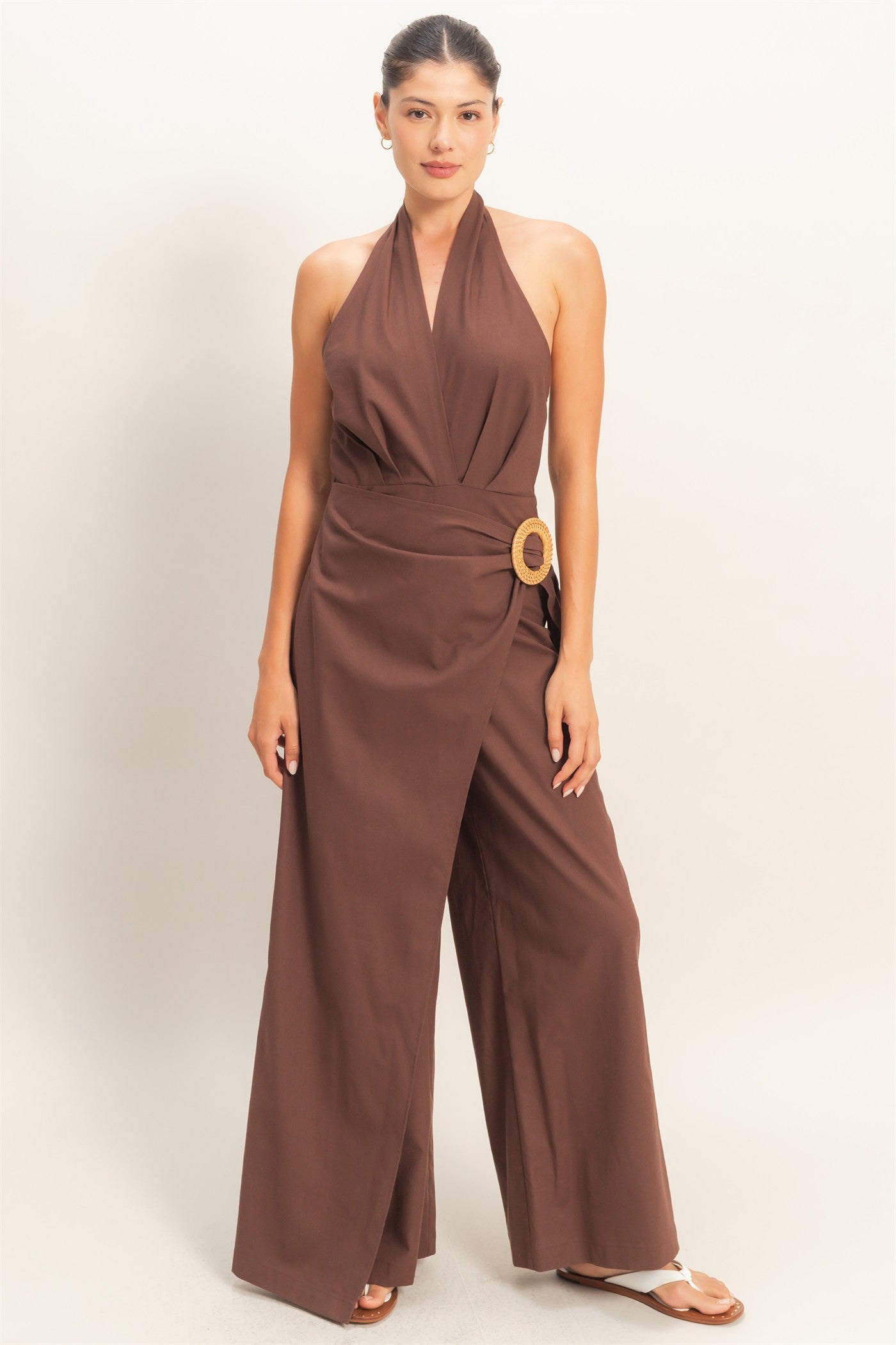 Wholesale Halter Wrap Jumpsuit Clothing HF26C374 DARK CHOCOLATE HYFVE