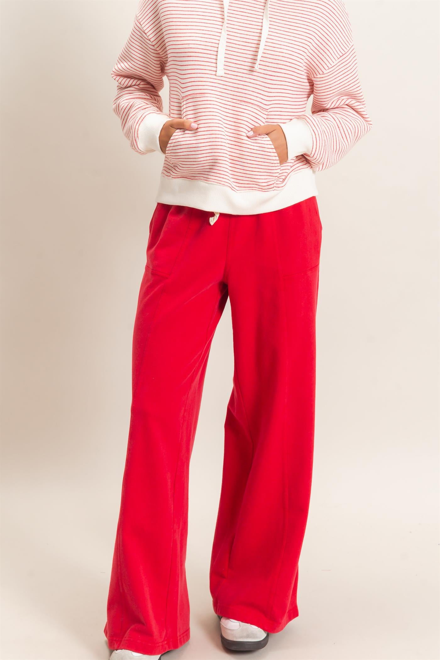 Wholesale Acid Wash Drawstring Waist Wide Leg Pants Pants DZ25A685 RED DOUBLE ZERO