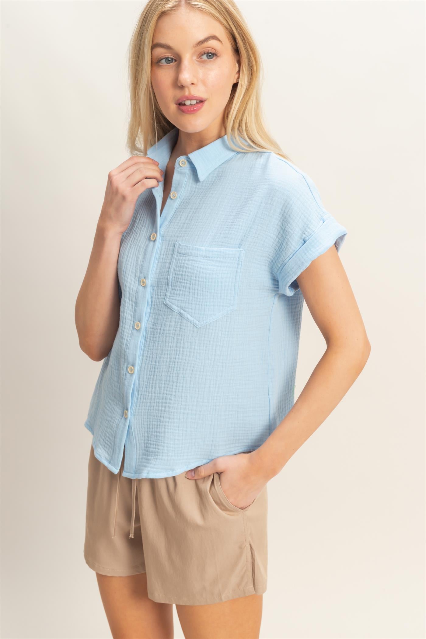 Wholesale Rolled Sleeve Button-Up Top Clothing Tops HF26E526 BLUE HYFVE
