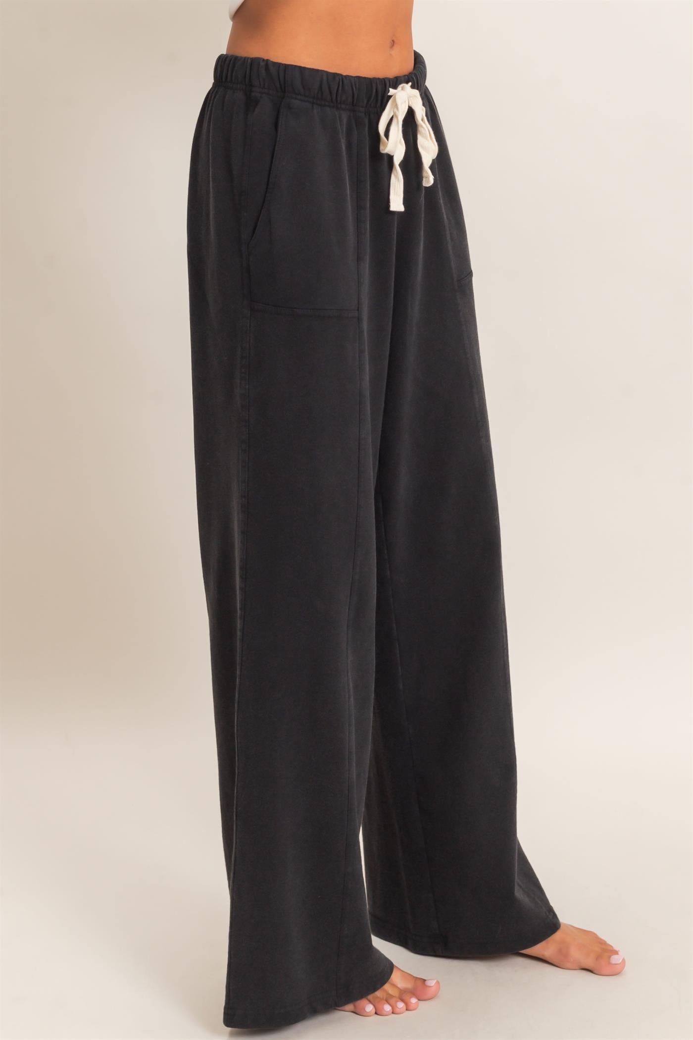 Wholesale Acid Wash Drawstring Waist Wide Leg Pants Pants DZ25A685 BLACK DOUBLE ZERO