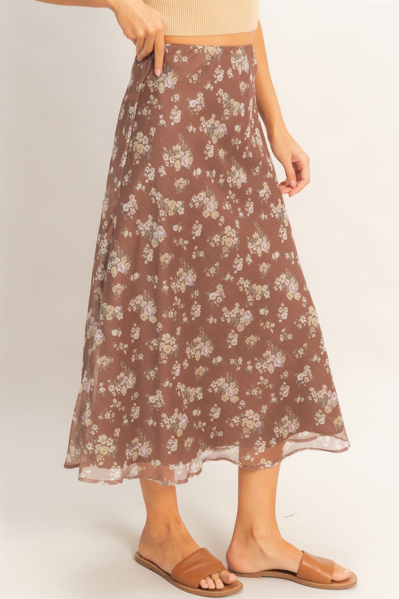 Wholesale Floral Print Bias Skirt Skirts HF26E649 BROWN HYFVE