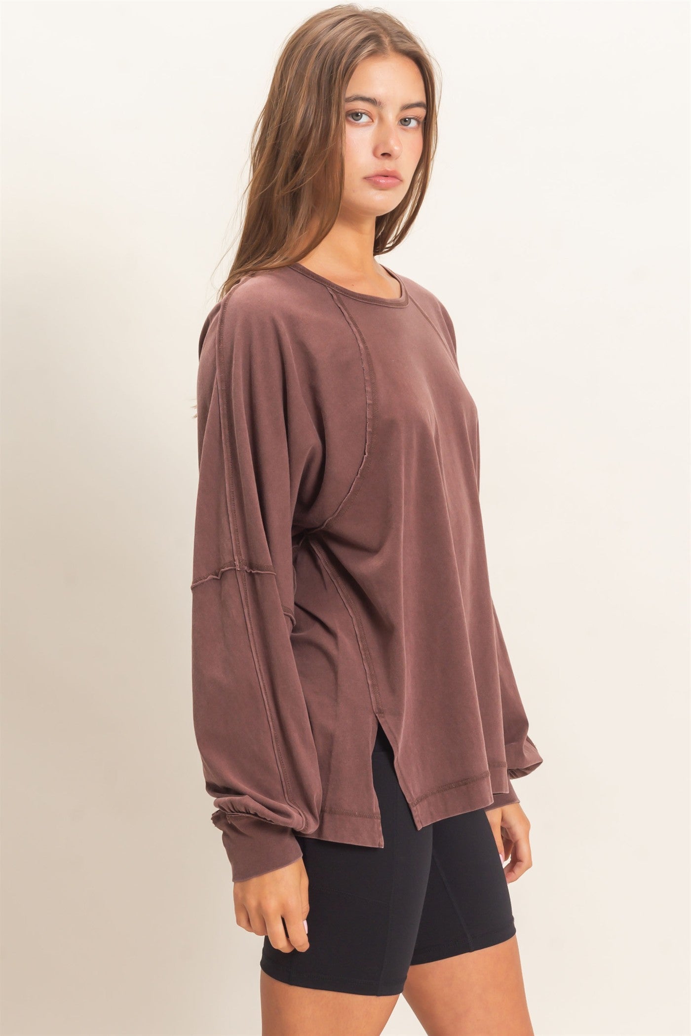 Wholesale Raglan Sleeve Snow Wash Top Shirts DZ26E945 DARK BROWN DOUBLE ZERO