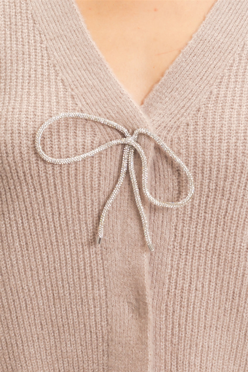 Wholesale Rhinestone Bow Tie-Front Sweater Cardigans HF26F183-D L.MOCHA HYFVE