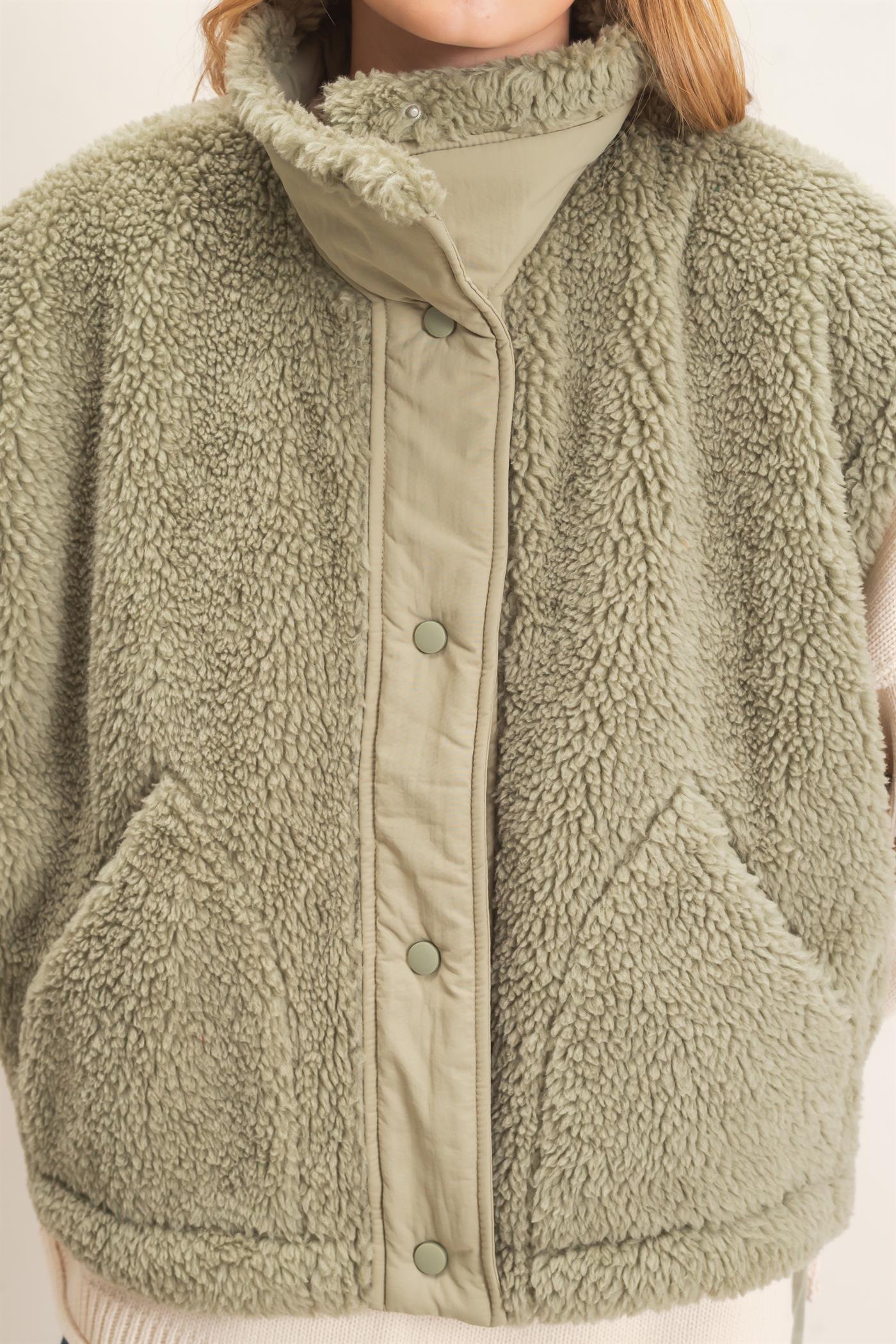 Wholesale Sherpa Vest With Snap Closure Outerwear HF26F131-D OLIVE HYFVE