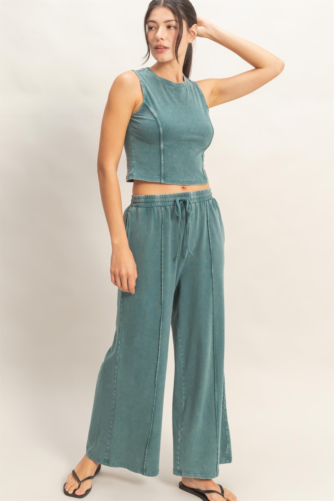 Wholesale Mineral Washed Sleeveless Top & Wide Leg Pants Set Clothing DZ26A371-SET DARK TEAL DOUBLE ZERO