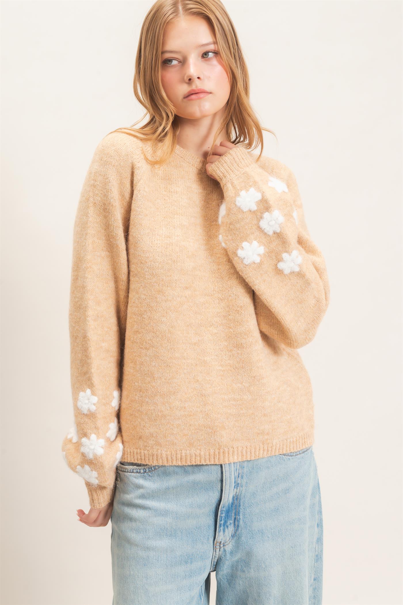 Wholesale Floral Applique Raglan Sleeve Sweater Sweaters HF26E808 BEIGE HYFVE