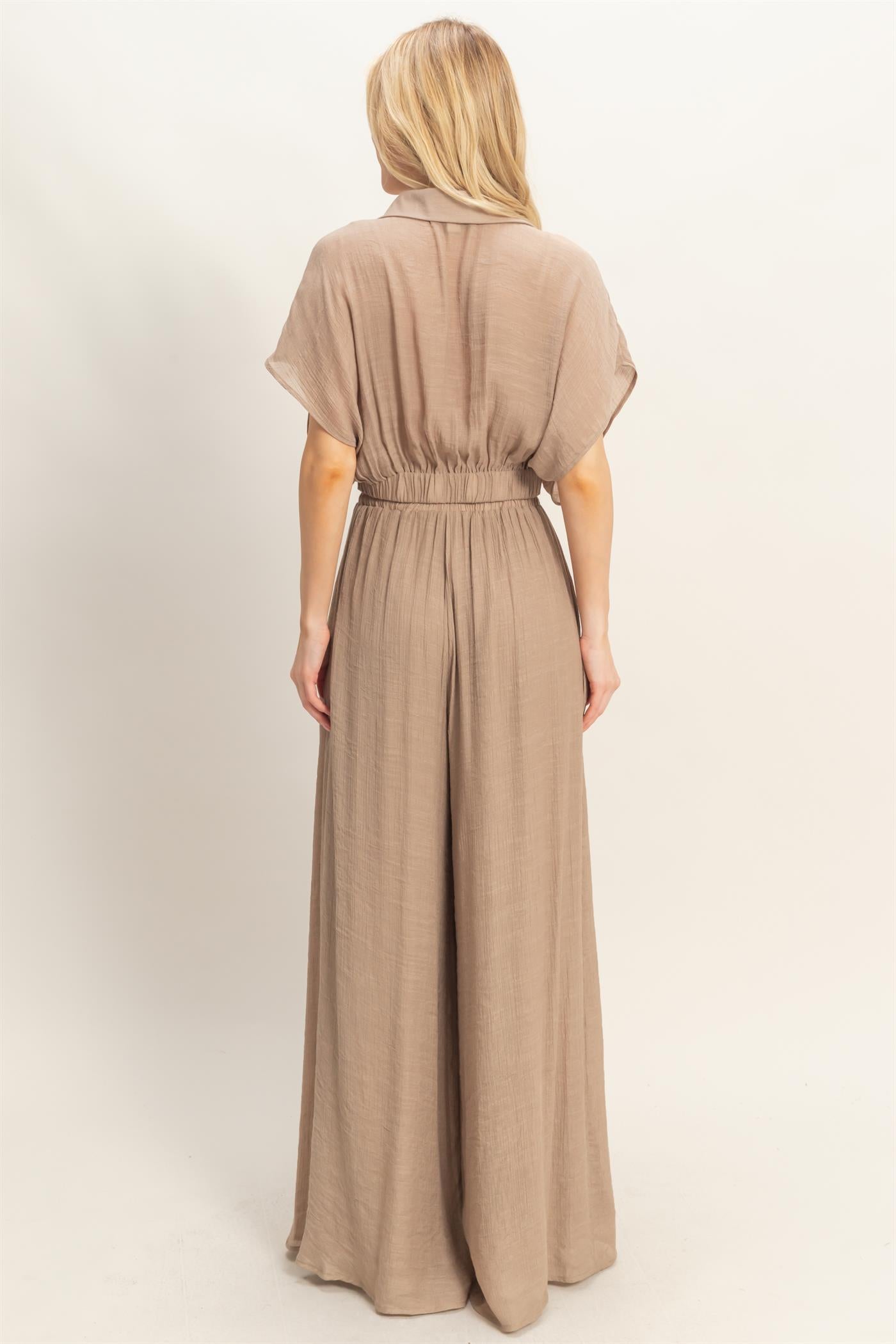 Wholesale Collared Wrap Top & Wide-Leg Pants Set Clothing HF26C286-SET-D LIGHT MOCHA HYFVE
