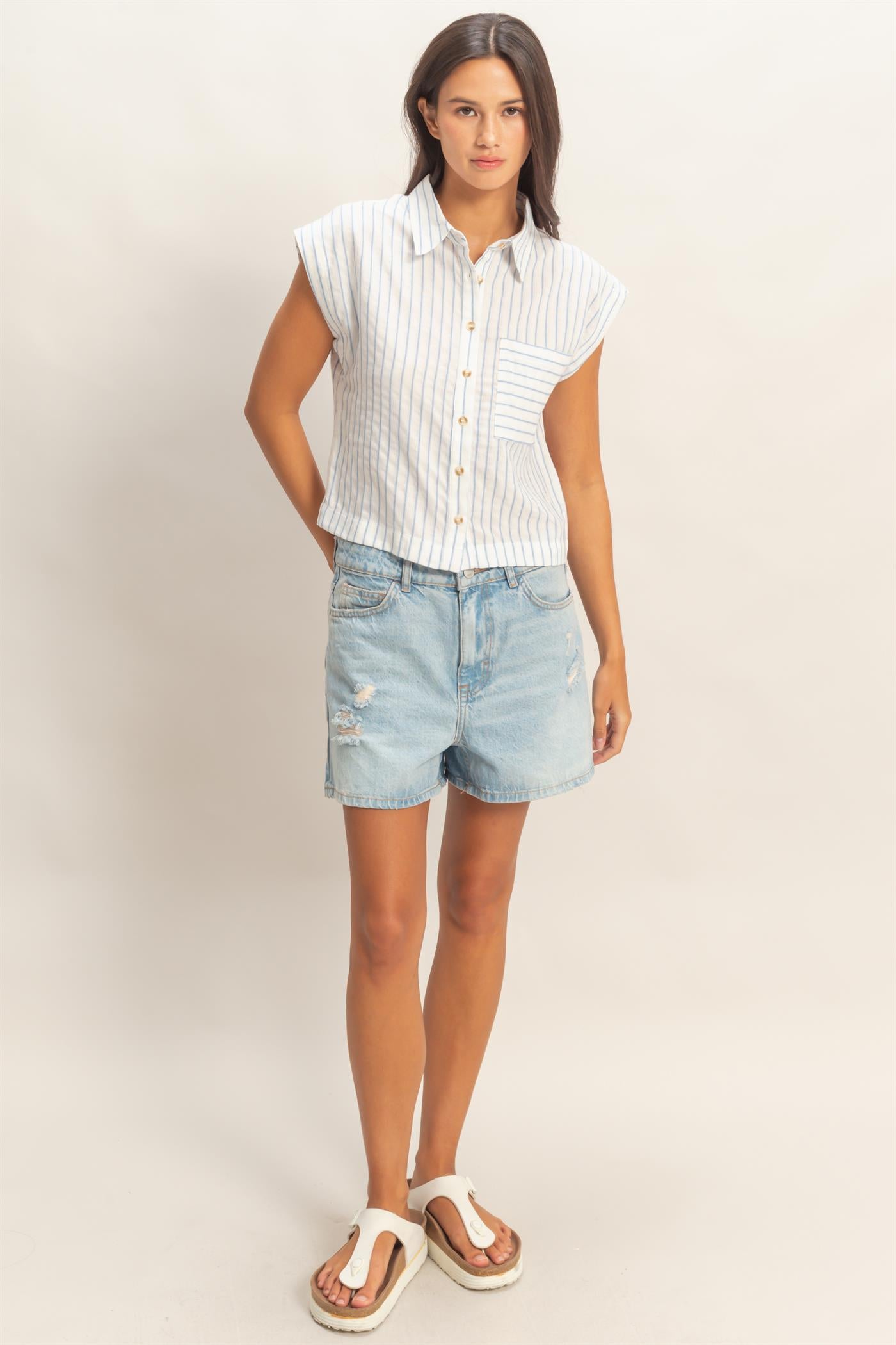 Wholesale Striped Sleeveless Button-Up Shirt Clothing Tops DZ26A206 BLUE DOUBLE ZERO