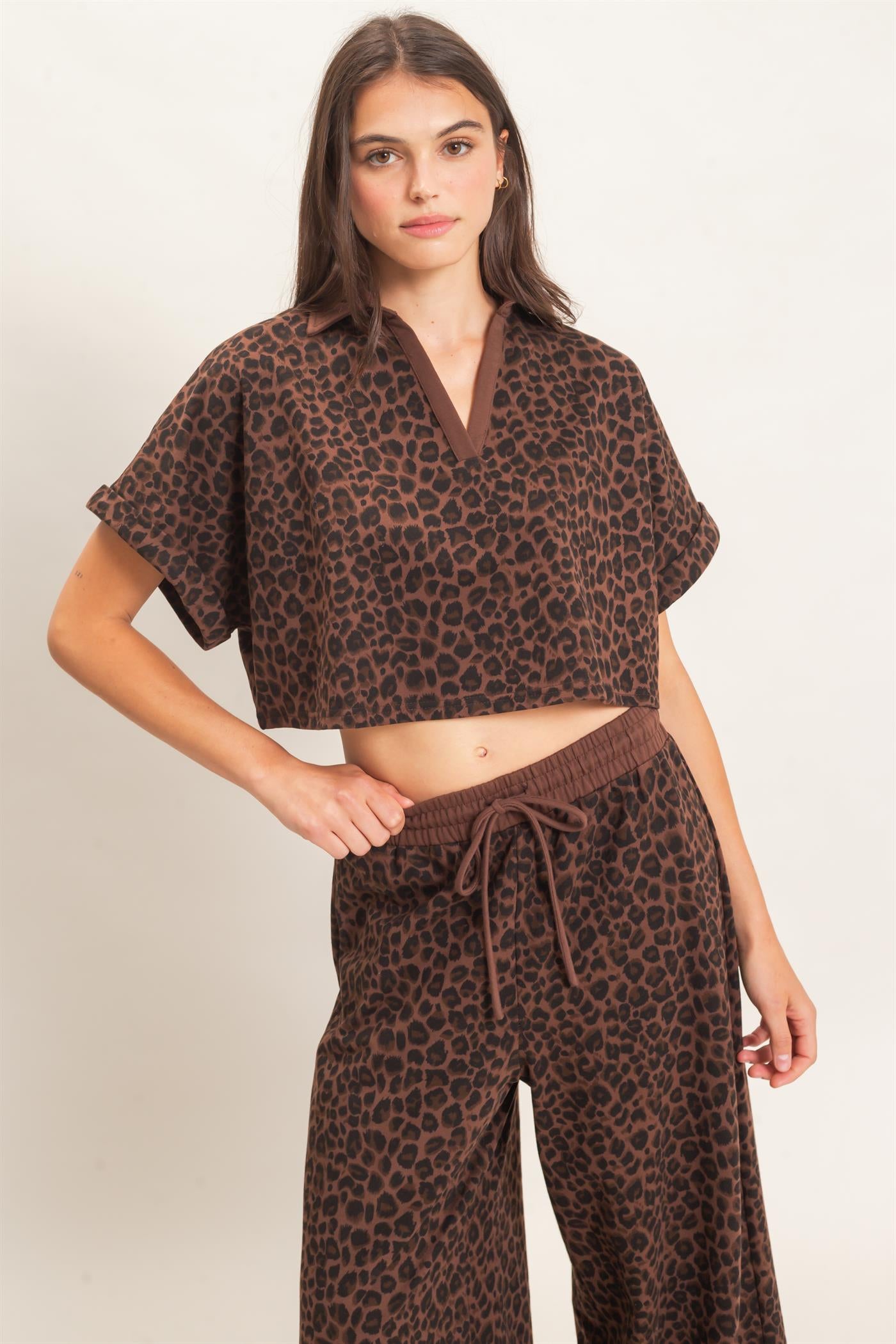 Wholesale Leopard Print Top And Pant Set Clothing HF26E704-SET BROWN HYFVE