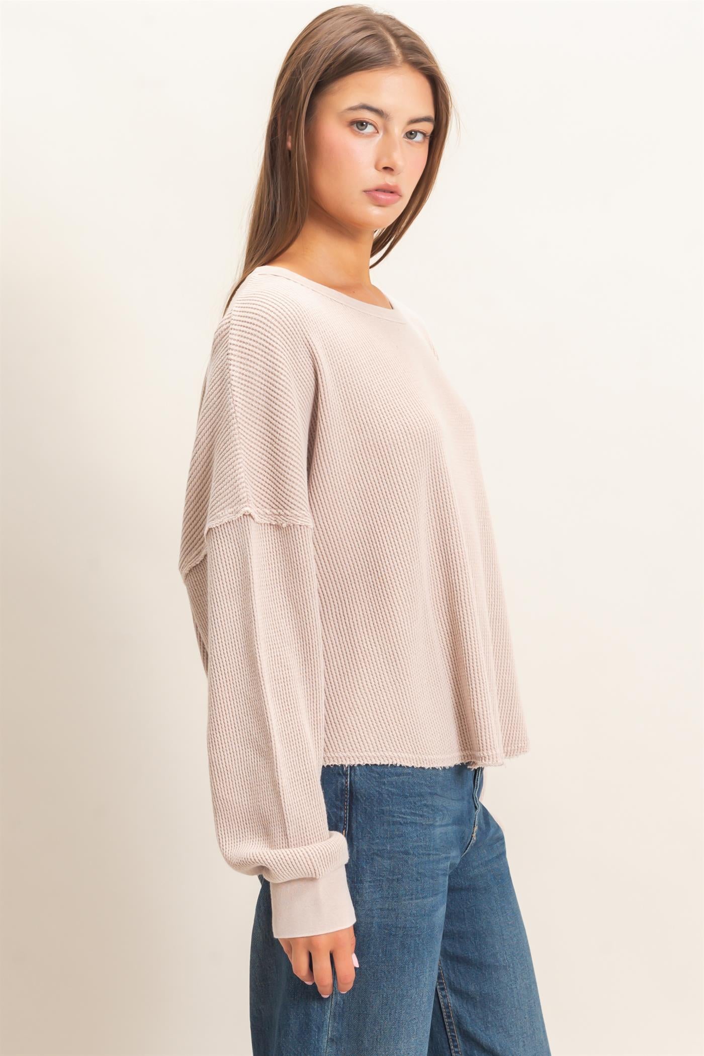 Wholesale Mineral Wash Waffle Oversized Top Clothing Tops DZ26E248 LIGHT TAUPE DOUBLE ZERO
