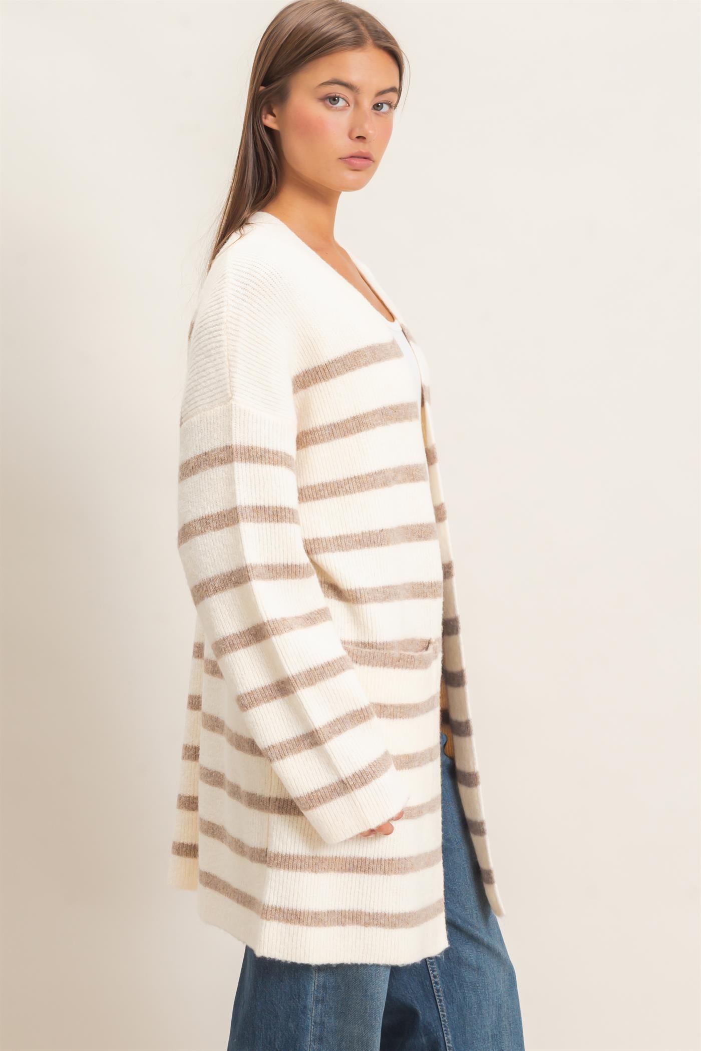 Wholesale Open Front Stripe Cardigan Cardigans DZ26C342 SAND DOUBLE ZERO
