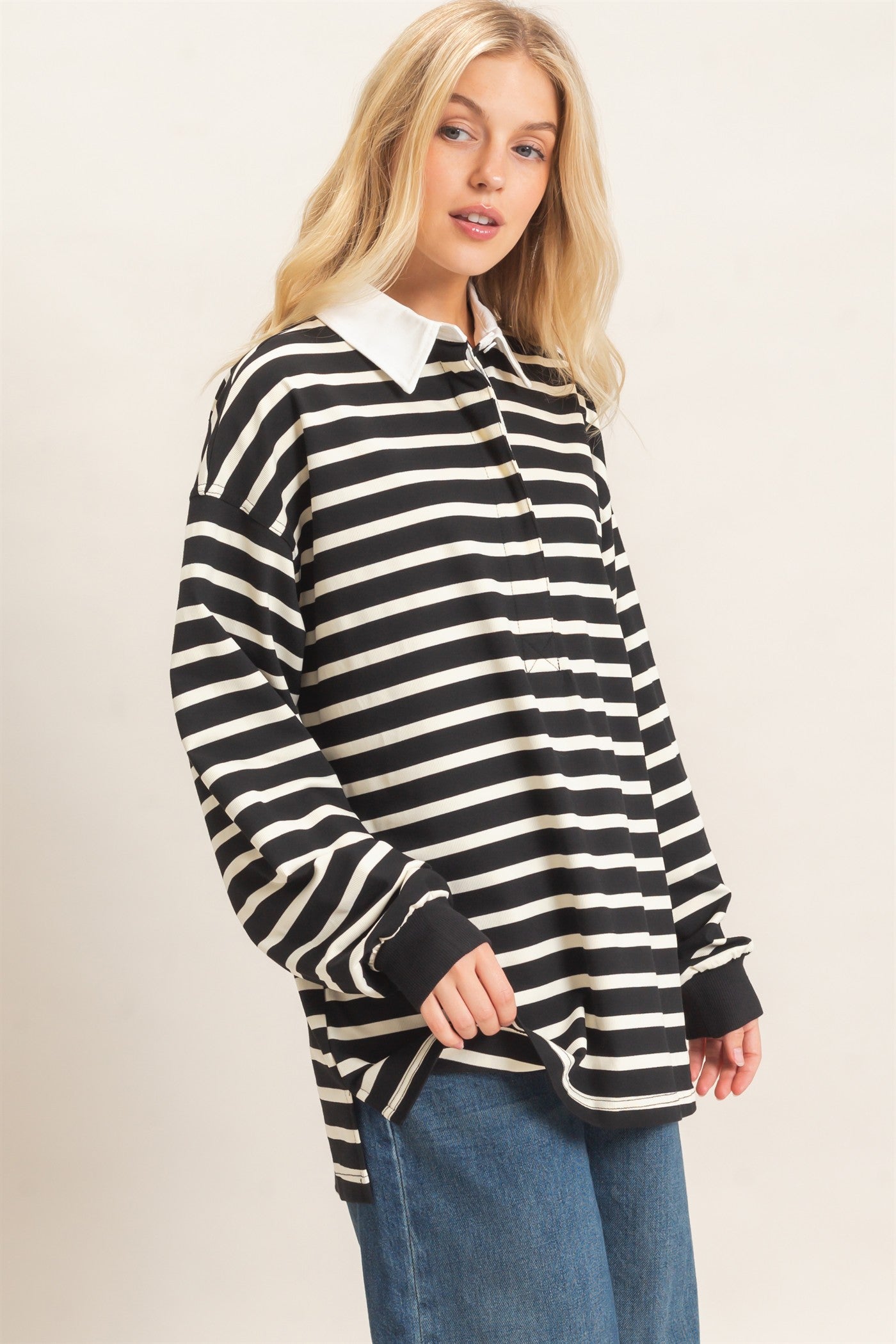 Wholesale Striped Polo Long Sleeve Top Clothing Tops HF26F078 BLACK/CREAM HYFVE