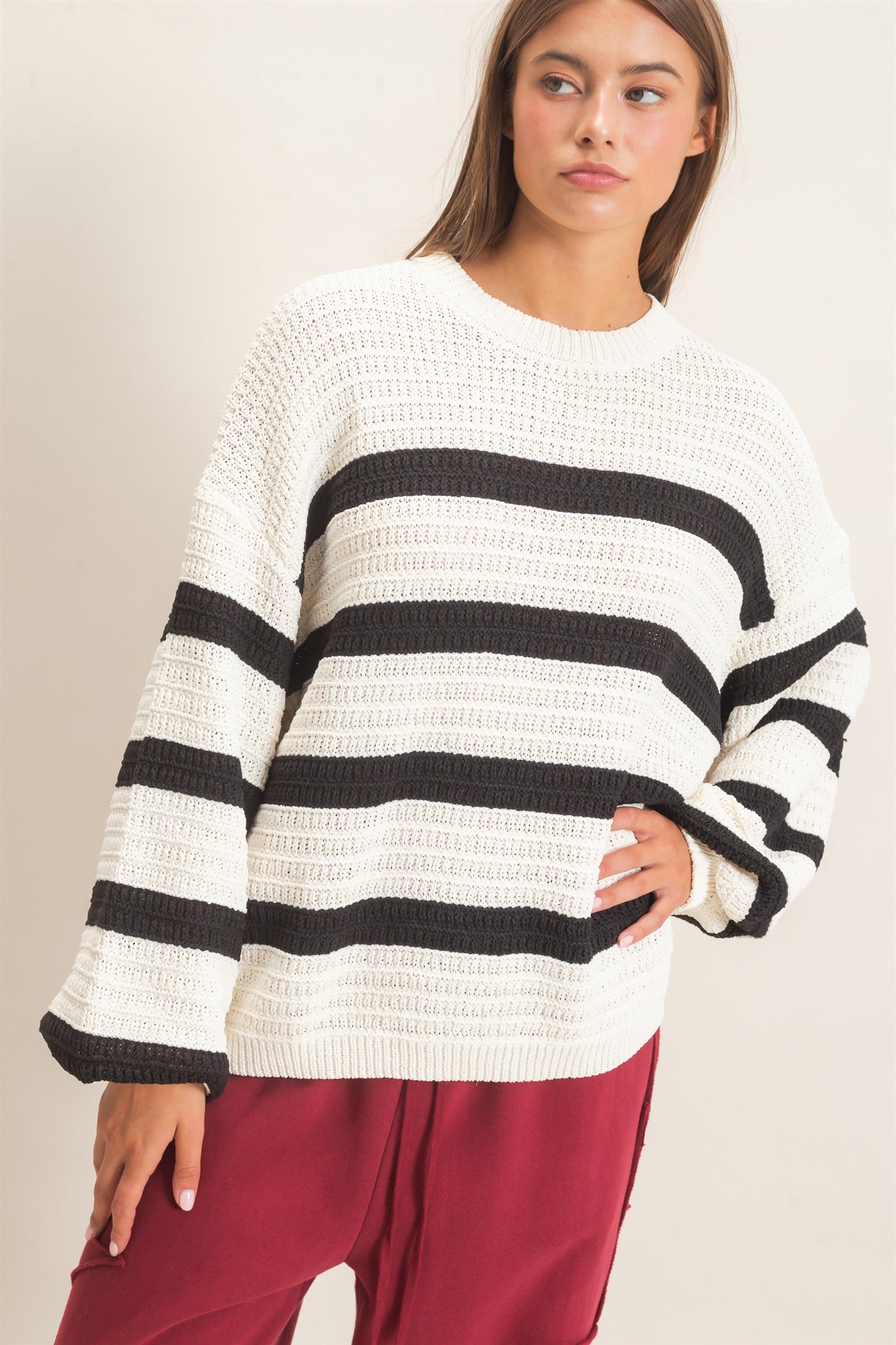 Wholesale Striped Oversized Sweater Sweaters DZ27A192 CREAM DOUBLE ZERO