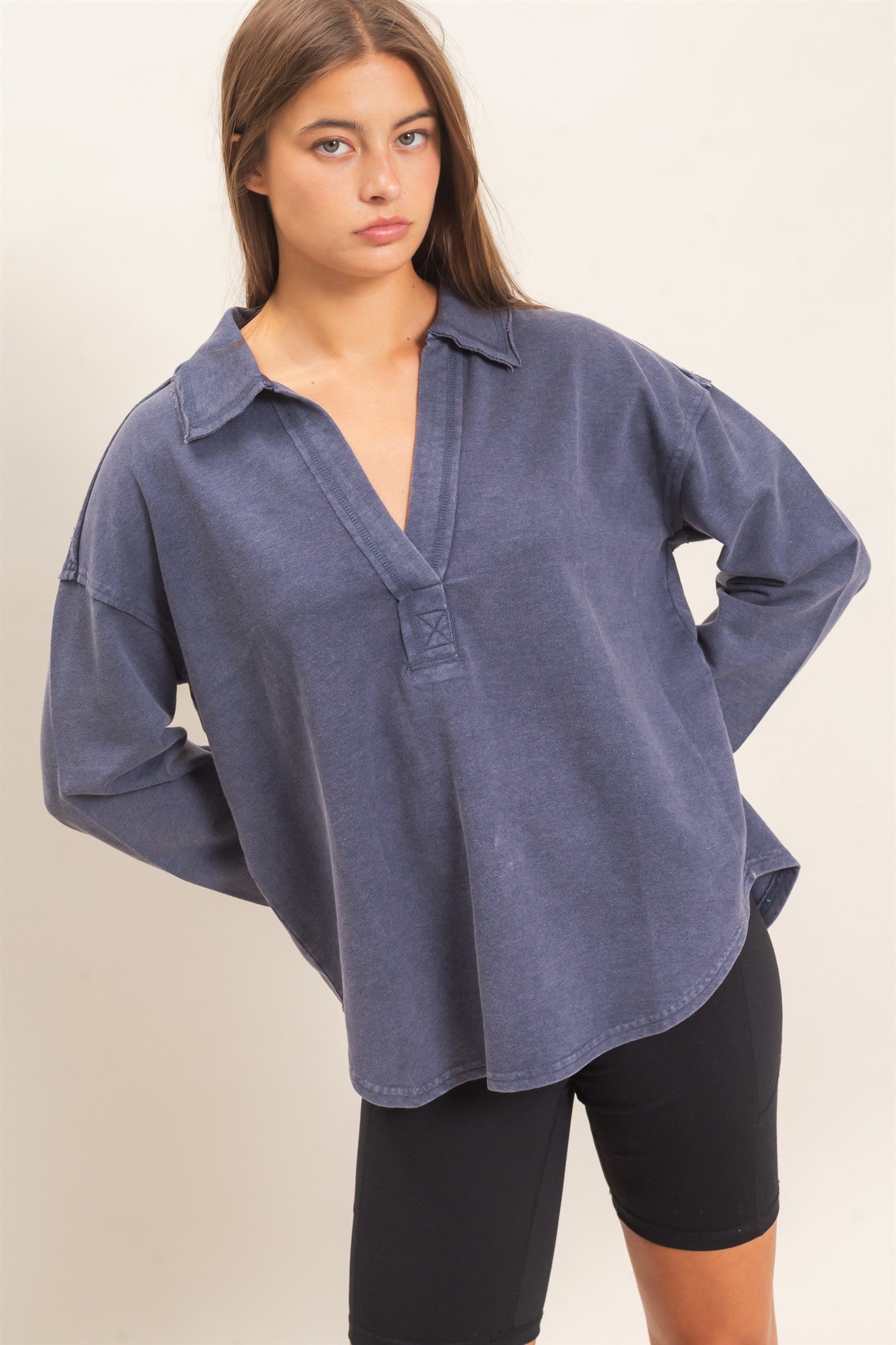 Wholesale Mineral Washed Polo Collar Long Sleeve Top Polos DZ26E887 NAVY DOUBLE ZERO