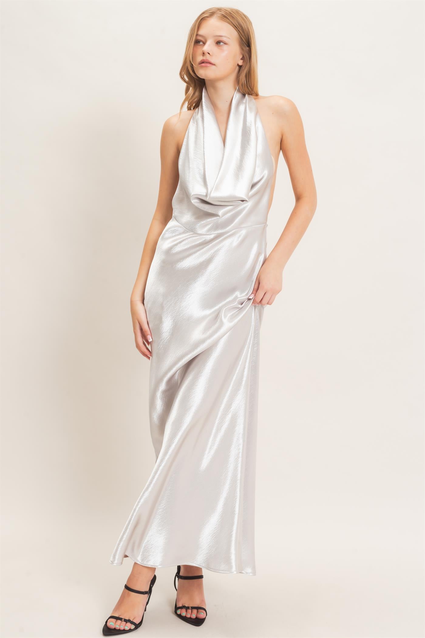 Wholesale Satin Cowl Neck Maxi Dress Dresses HF26F216-D SILVER HYFVE