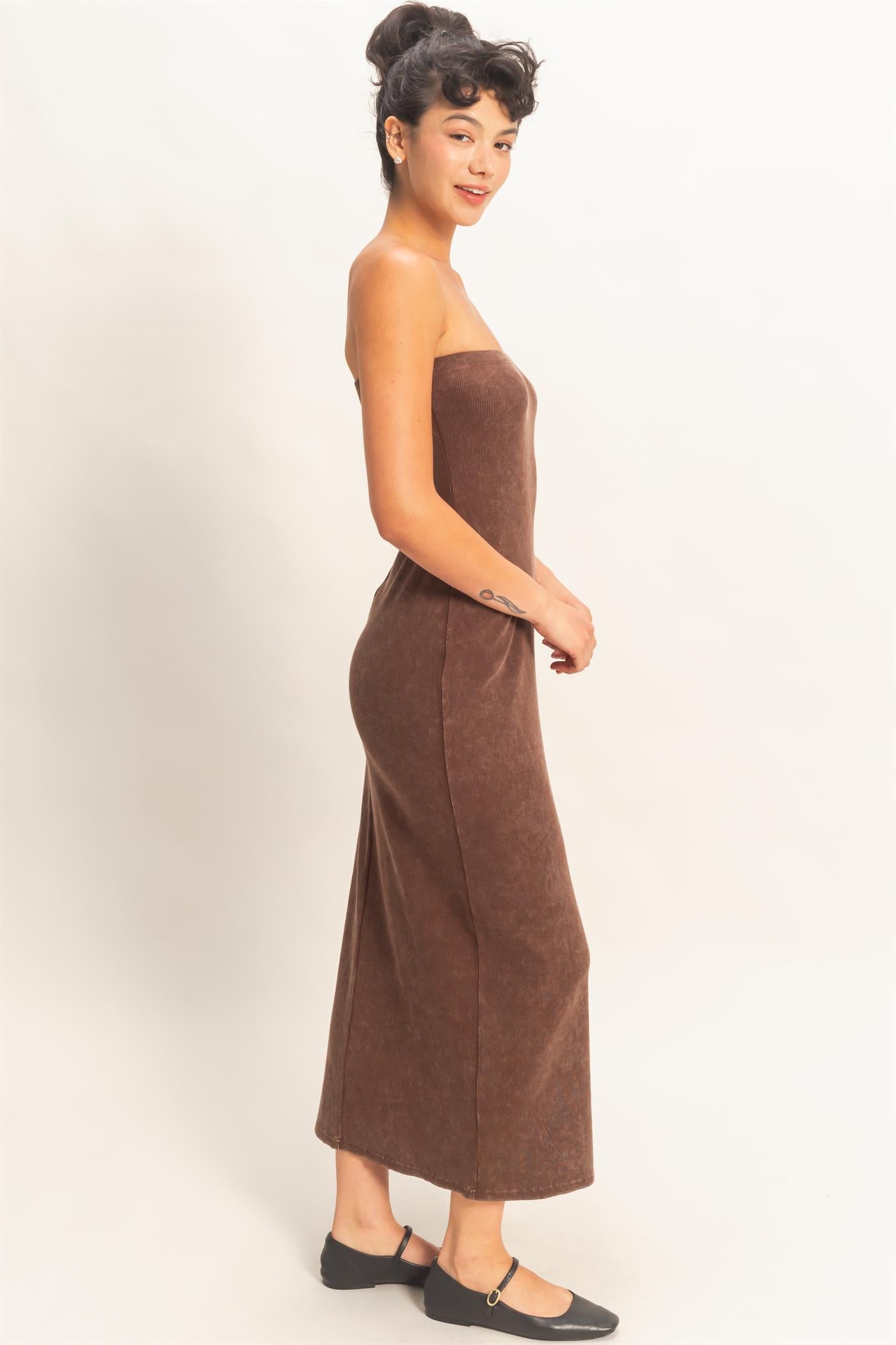 Wholesale Acid Washed Ribbed Midi Tube Dress Dresses DZ26C620 CHOCOLATE DOUBLE ZERO