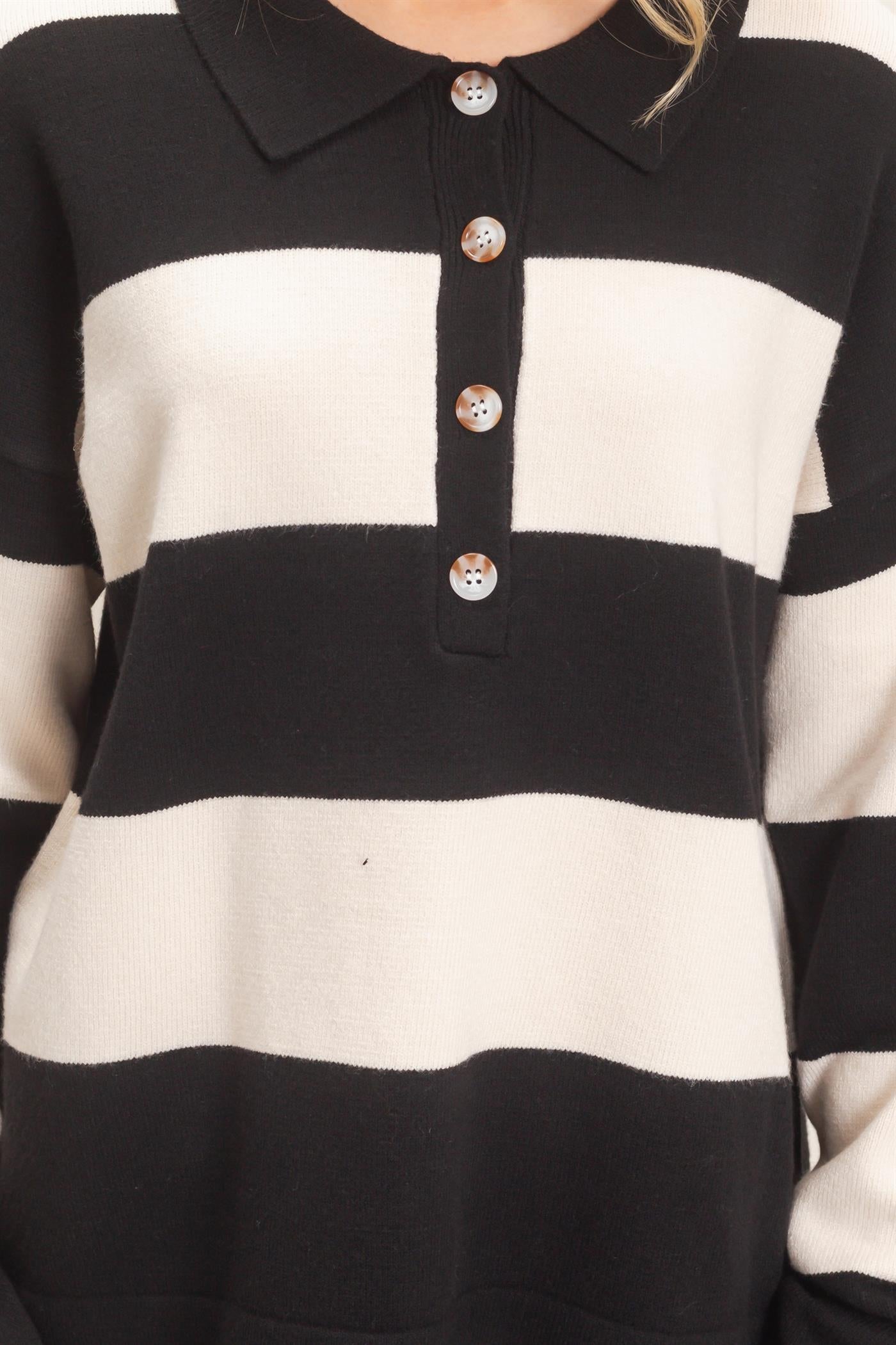 Wholesale Striped Button-Up Sweater Sweaters HF26F198 BLACK HYFVE