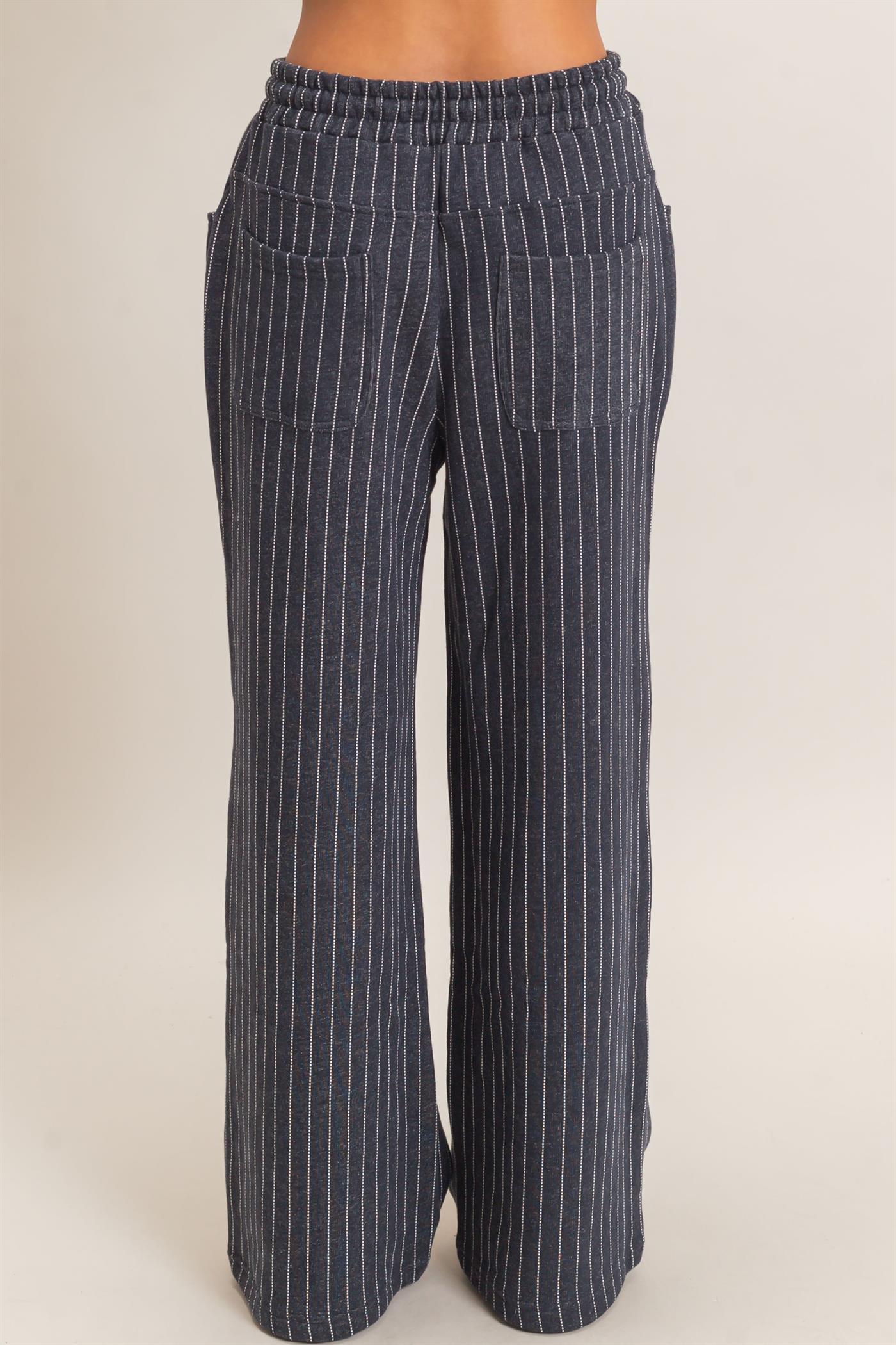 Wholesale Pinstripe Elastic Waist Sweatpants Pants DZ26A813 NAVY DOUBLE ZERO