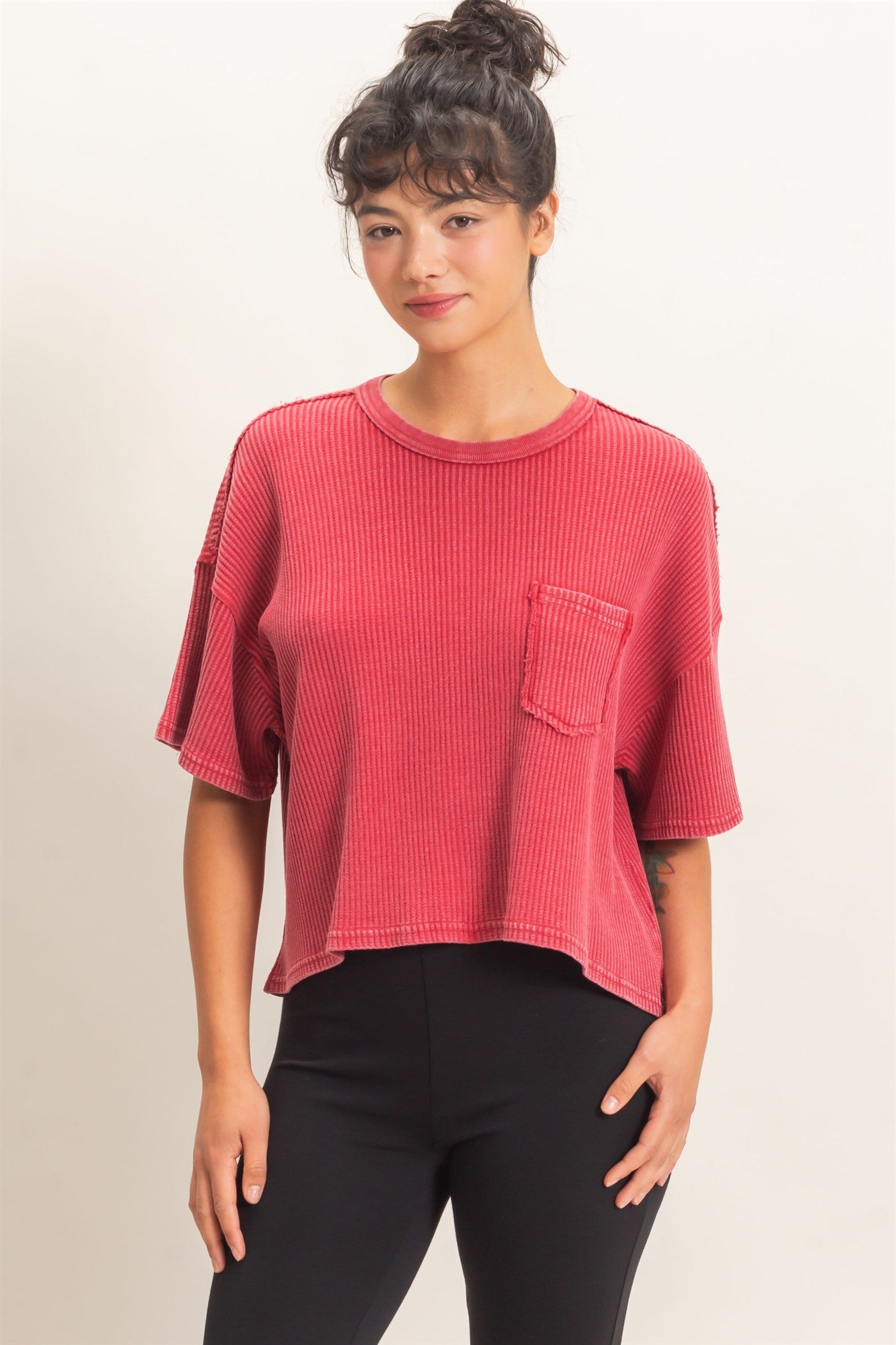 Wholesale Mineral Wash Waffle Knit Pocket Top Clothing Tops DZ26E222 DARK RED DOUBLE ZERO