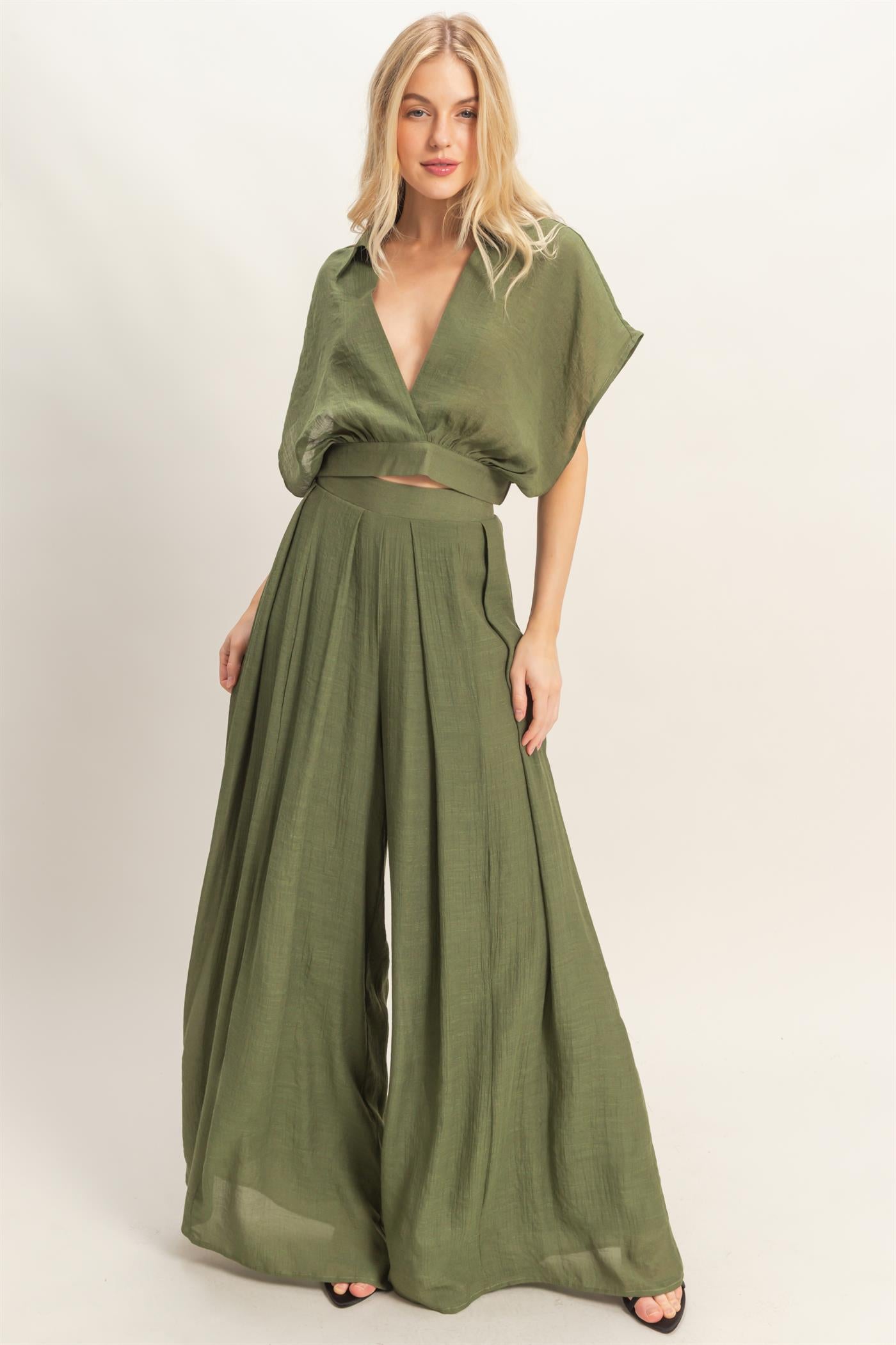 Wholesale Collared Wrap Top & Wide-Leg Pants Set Clothing HF26C286-SET-D OLIVE HYFVE