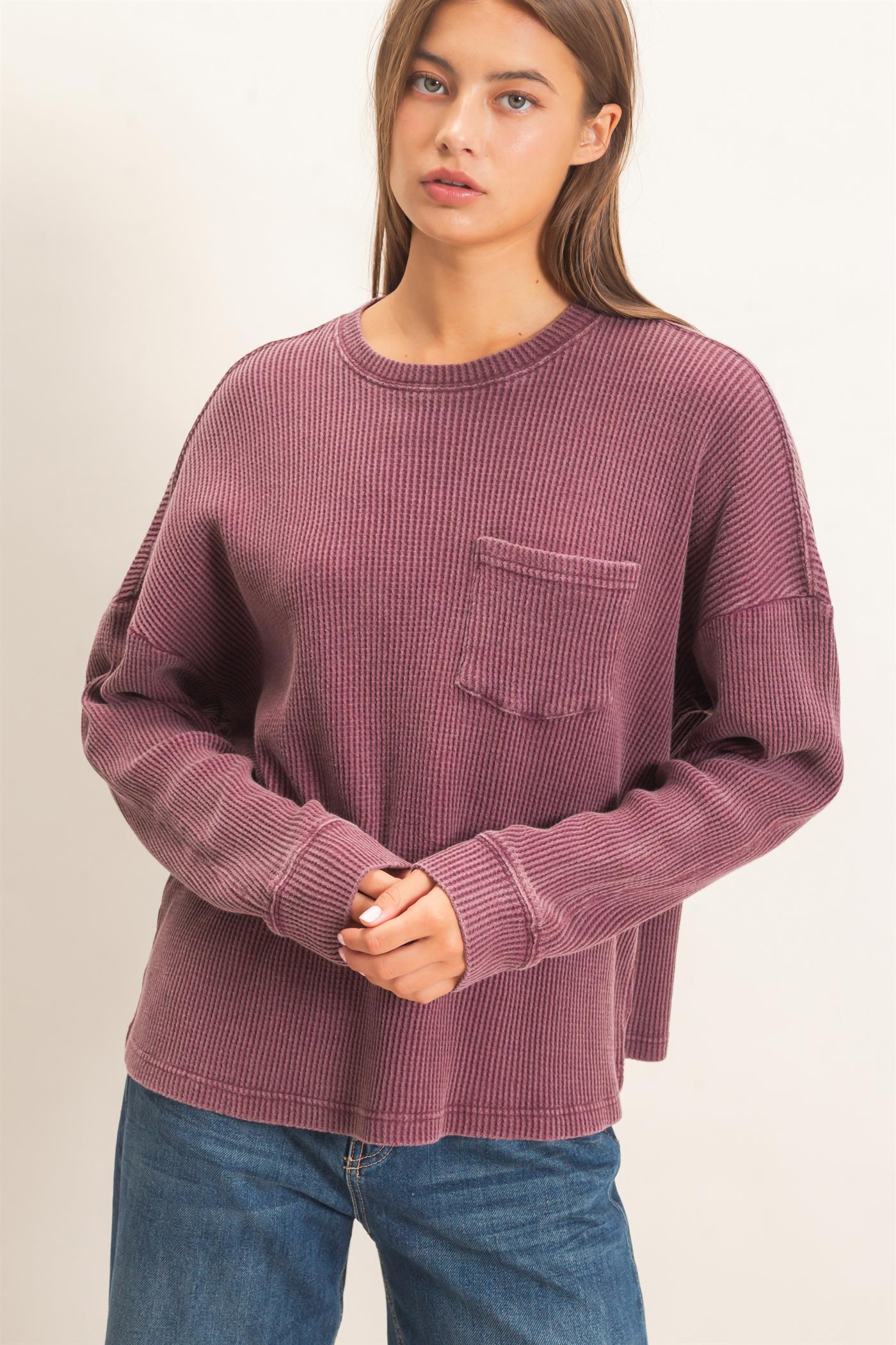 Wholesale Mineral Wash Waffle Long Sleeve Top Clothing Tops DZ26F242 DARK CHERRY DOUBLE ZERO