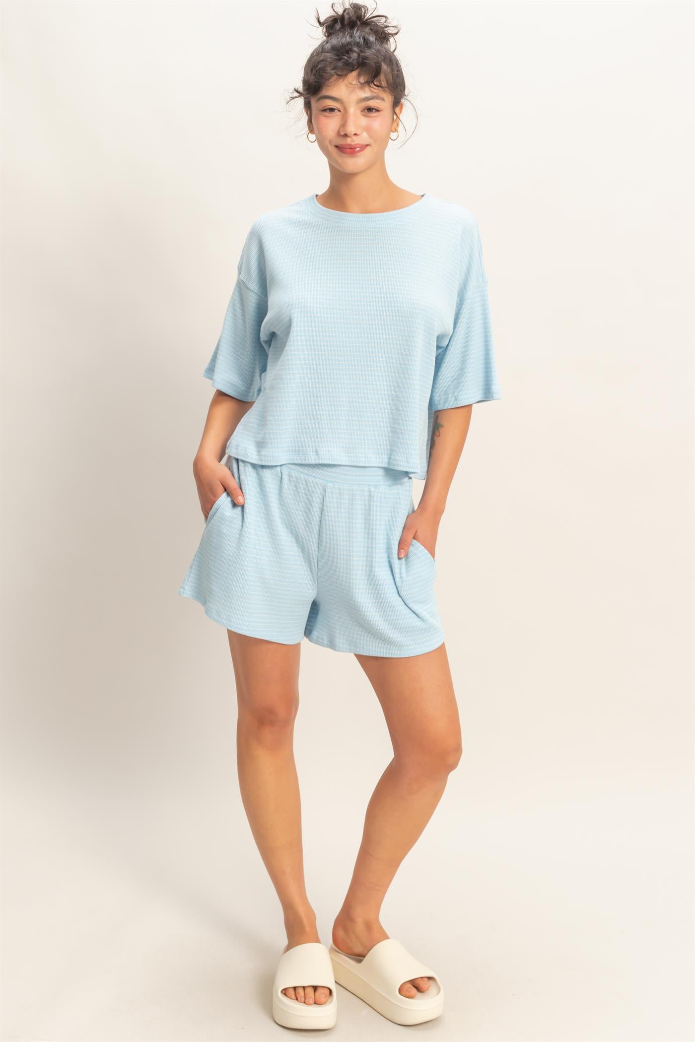 Wholesale Striped Round Neck Top & Shorts Set Clothing DZ26A045-SET BABY BLUE DOUBLE ZERO