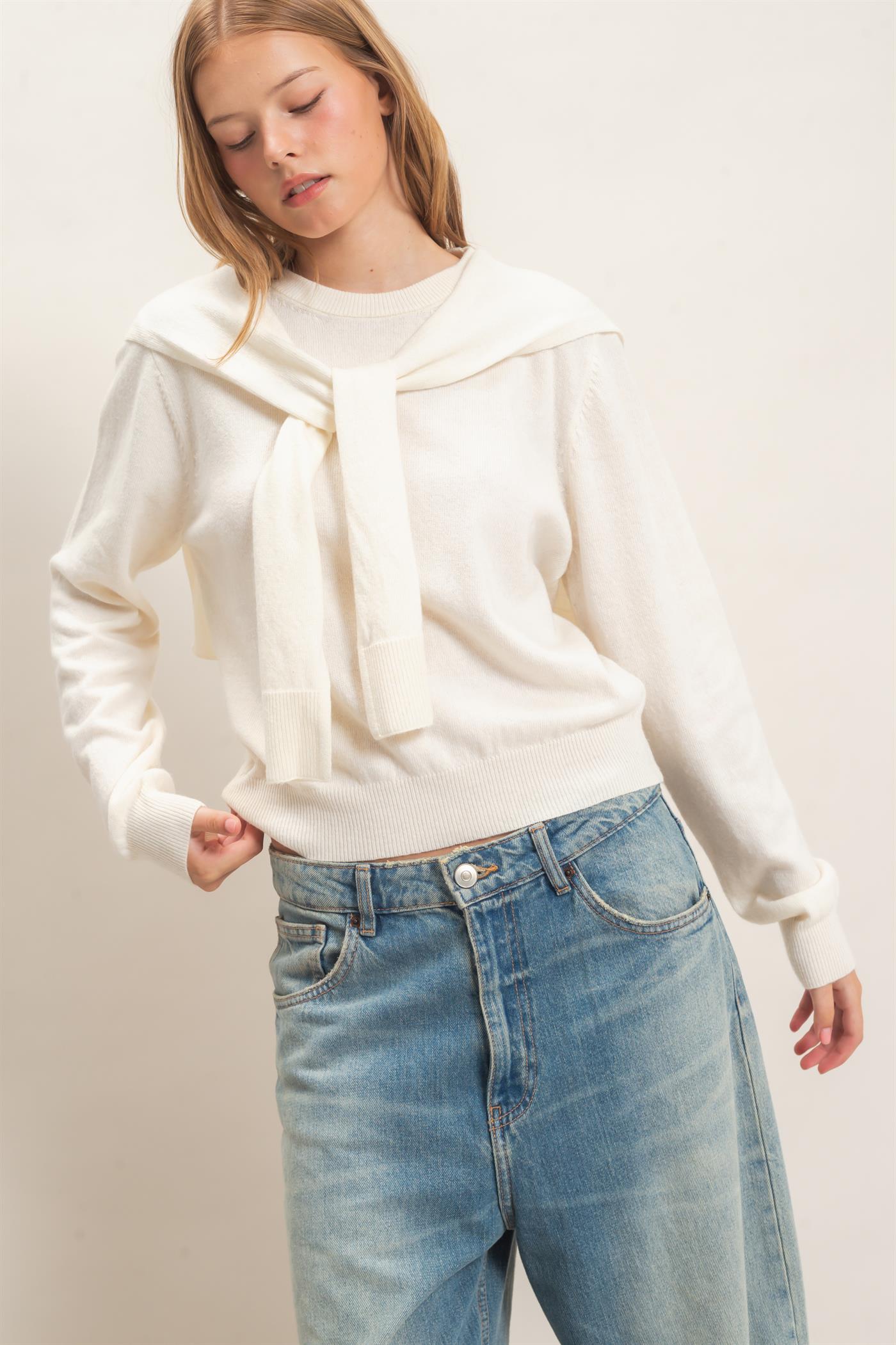 Wholesale Crew Neck Sweater With Faux Wrap Sweaters HF26E698 CREAM HYFVE