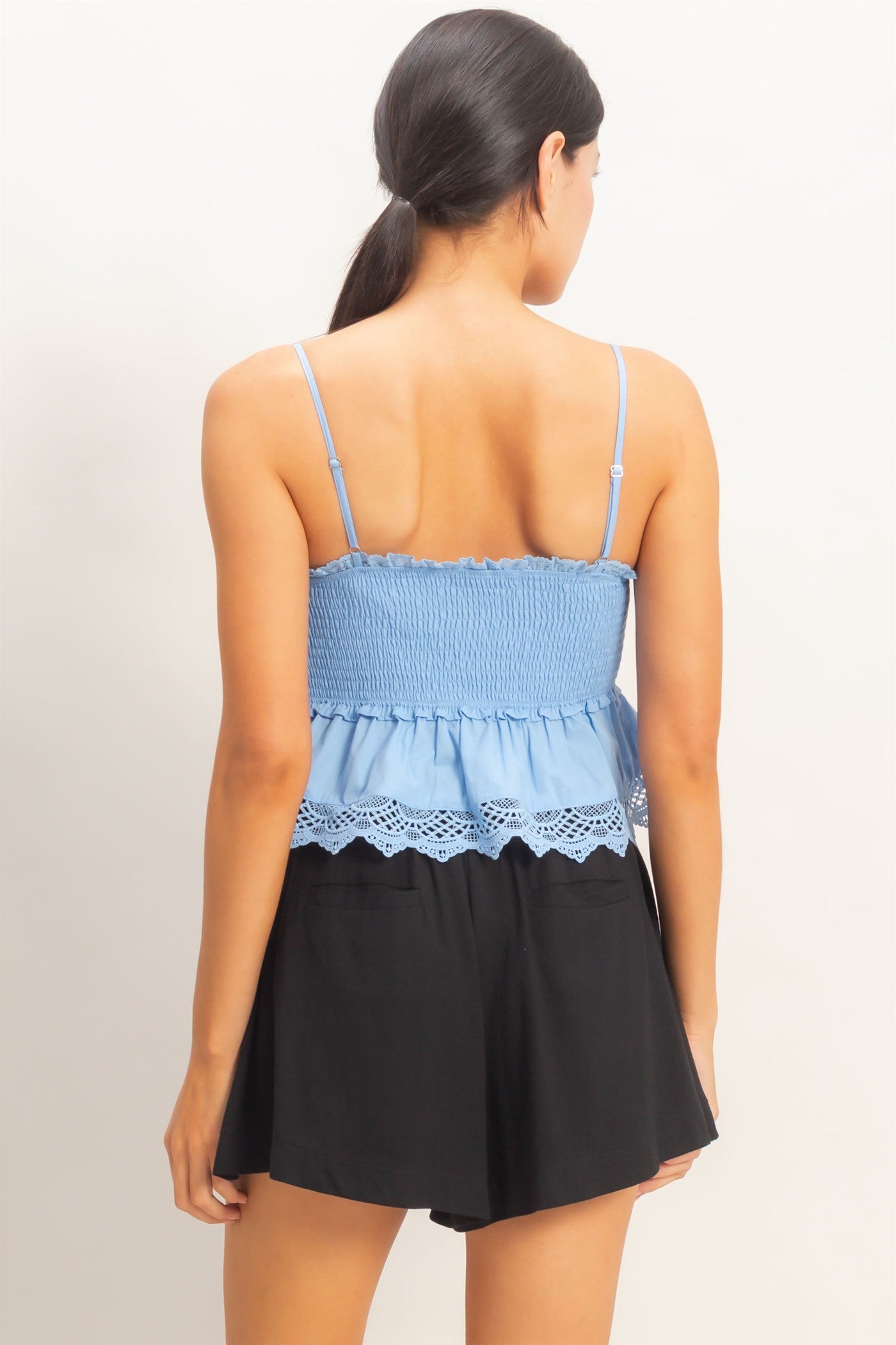 Wholesale Smocked Peplum Top With Lace Trim Clothing Tops HF26C558 BLUE HYFVE
