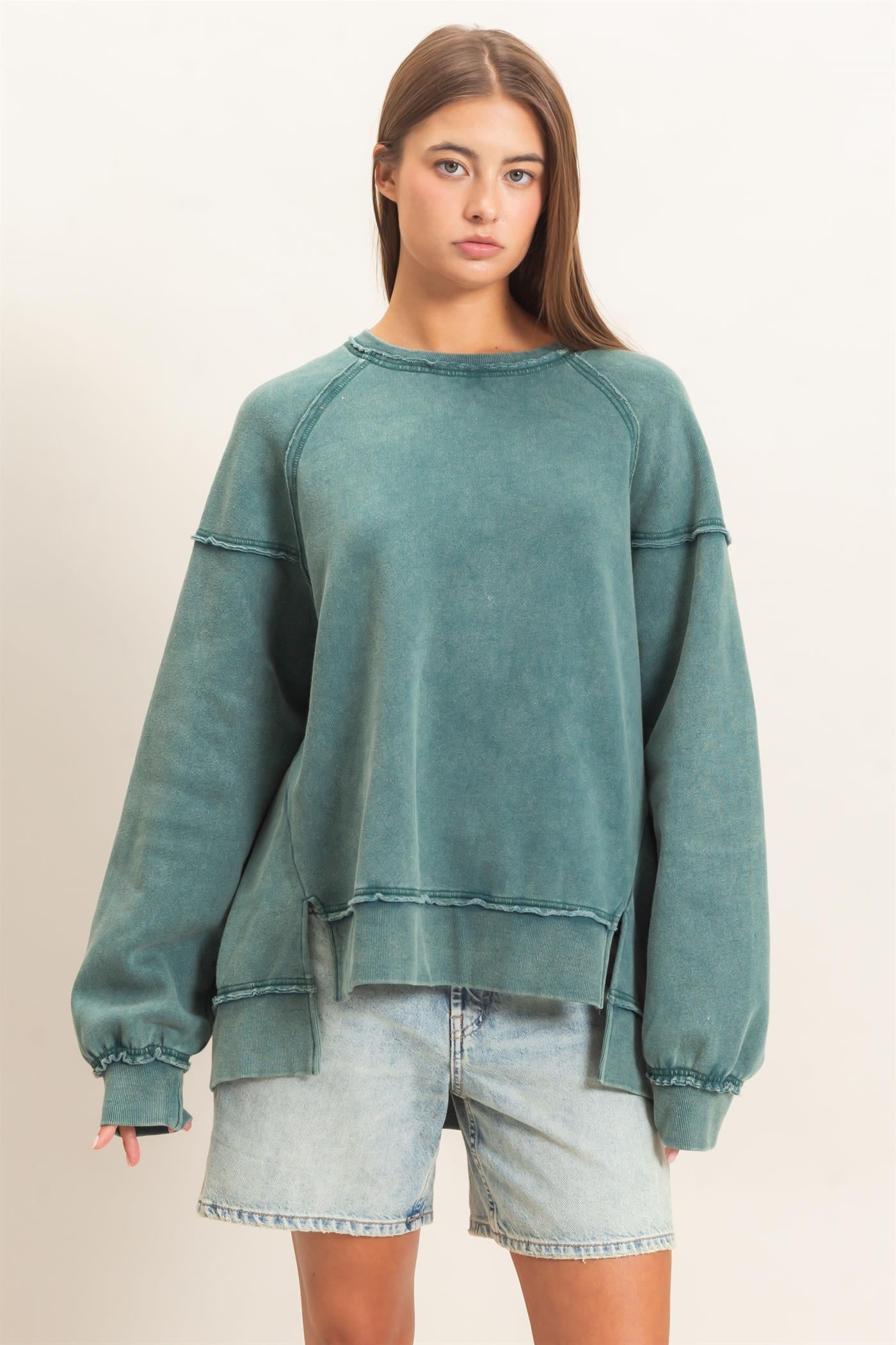 Wholesale Acid Wash Raw Edge Sweatshirt Sweatshirts DZ26C910 DARK TEAL DOUBLE ZERO