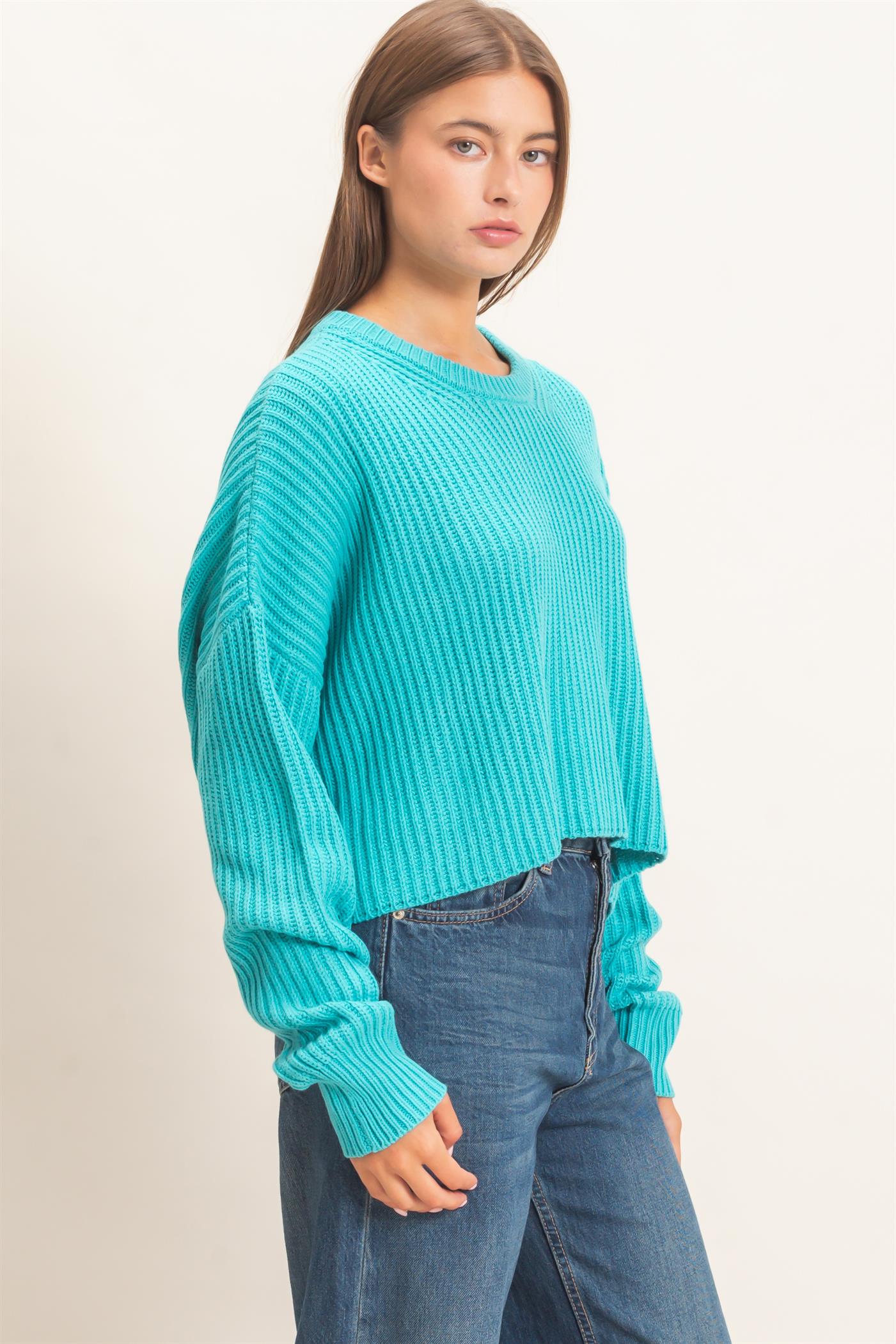 Wholesale Oversized Cropped Sweater Sweaters DZ26E252 TURQUOISE DOUBLE ZERO
