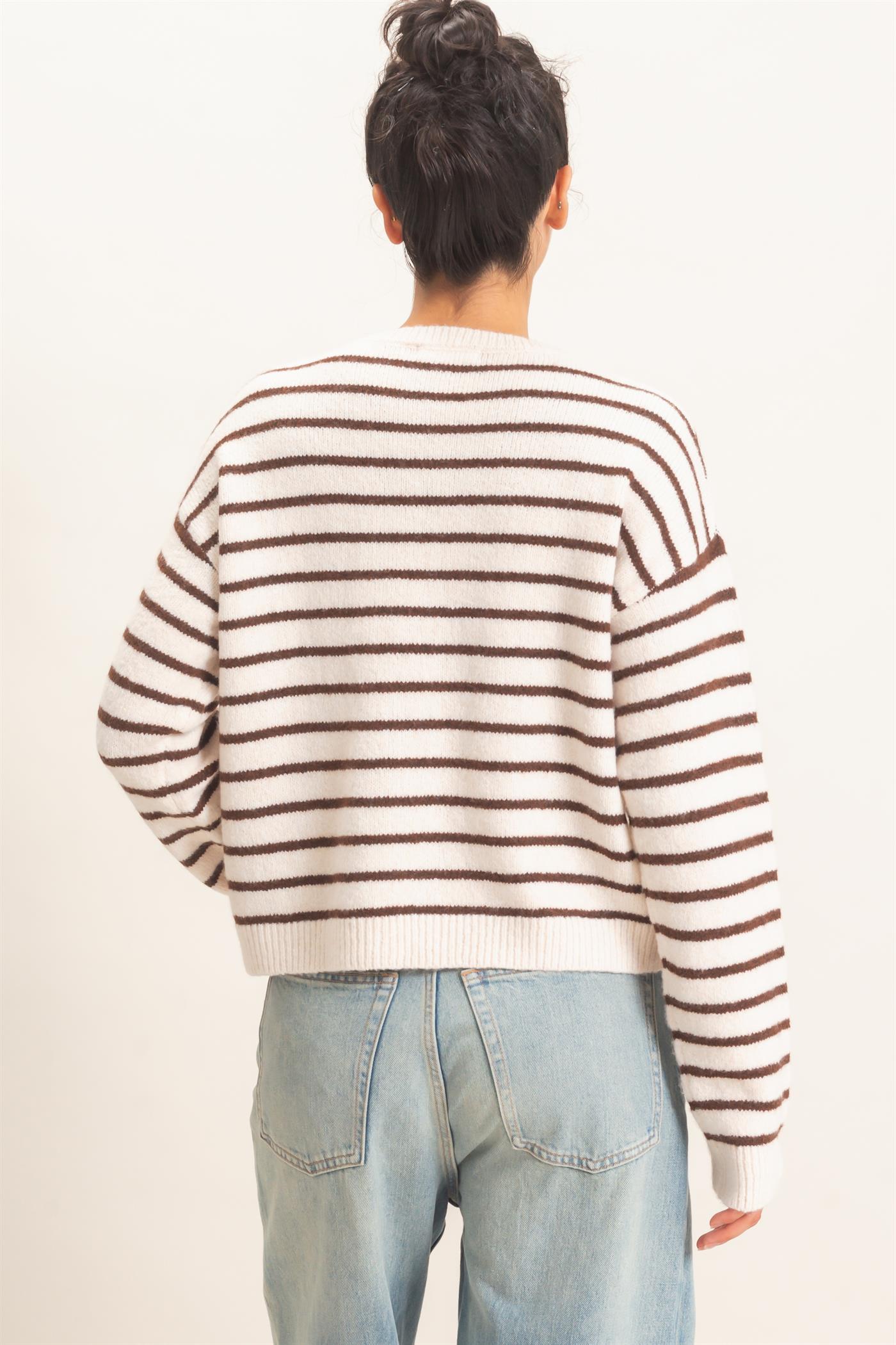 Wholesale Striped Crew Neck Sweater Sweaters DZ26C612 BROWN DOUBLE ZERO